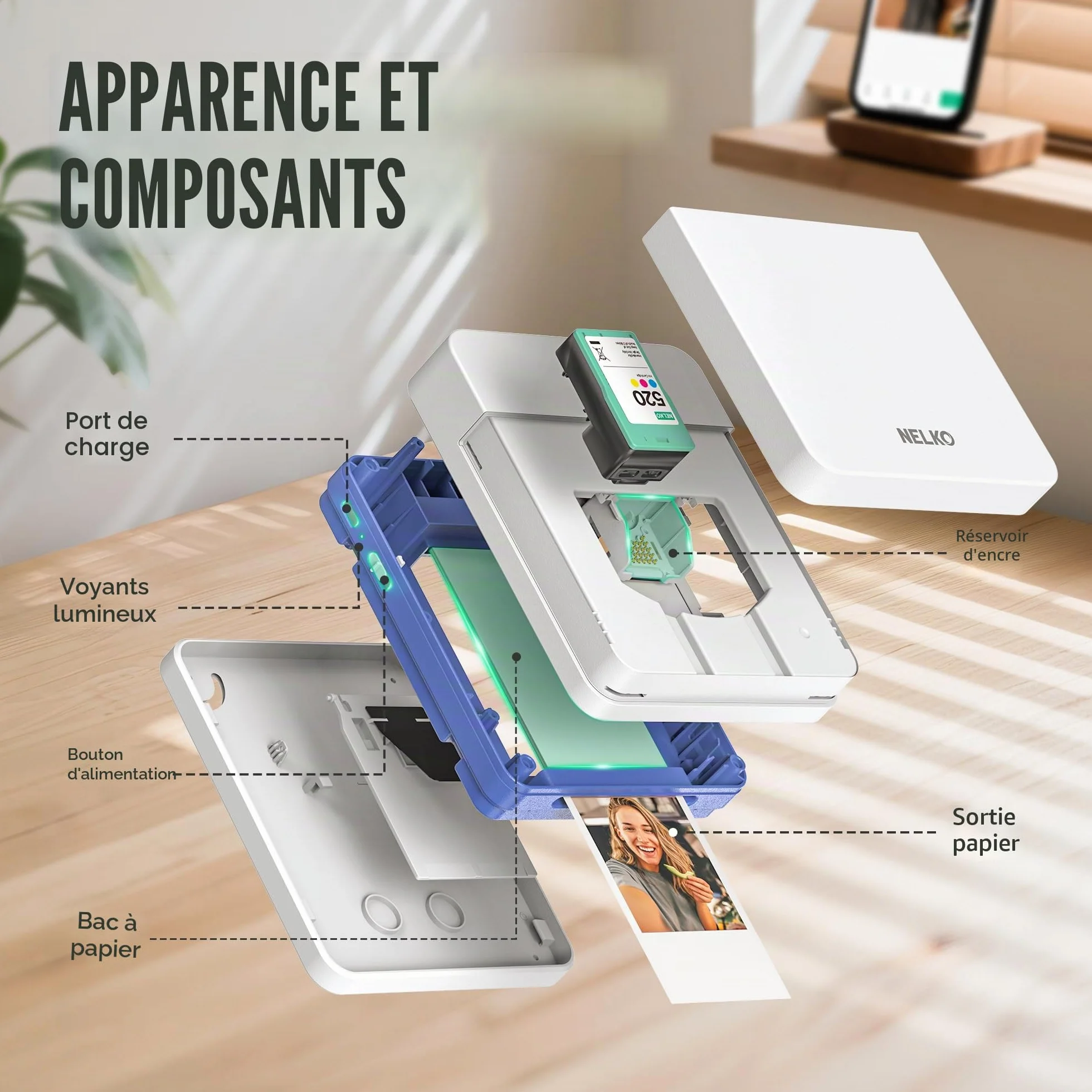 Nelko PP01 Imprimante Photo Mini Jet d'Encre Autocollante Bluetooth 20 Feuilles Papier Photo Blanc