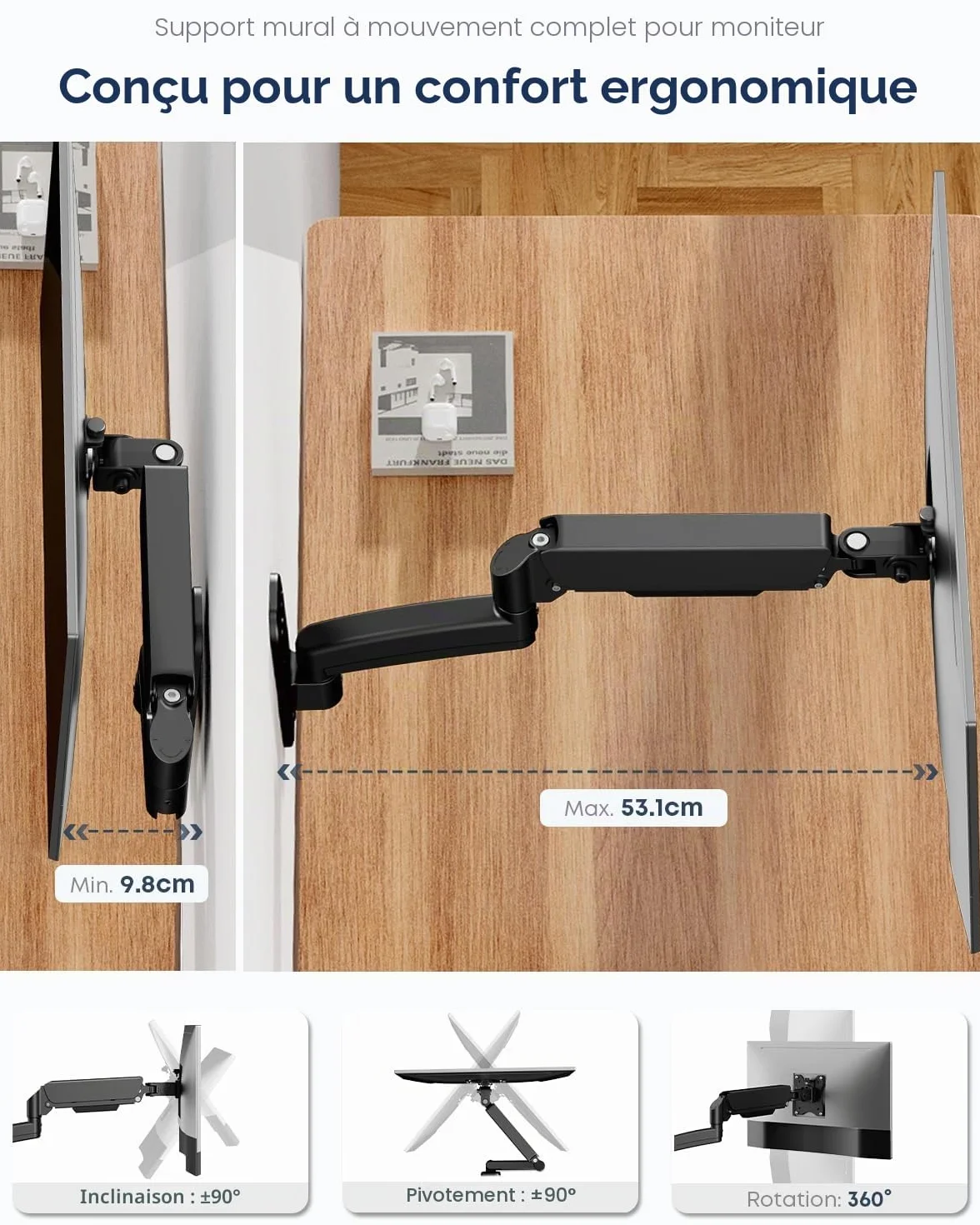 WORLDLIFT Support Mural Moniteur PC 17-32" Bras Ergonomique Réglable 9 kg VESA 75x100 mm