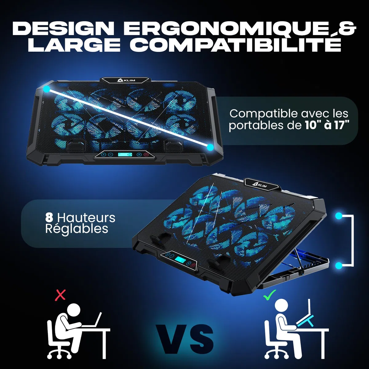 KLIM V8 Refroidisseur PC 8 Ventilateurs Rétroéclairage RGB Support Ventilé Ordinateurs 11" à 17" 2 Ports USB