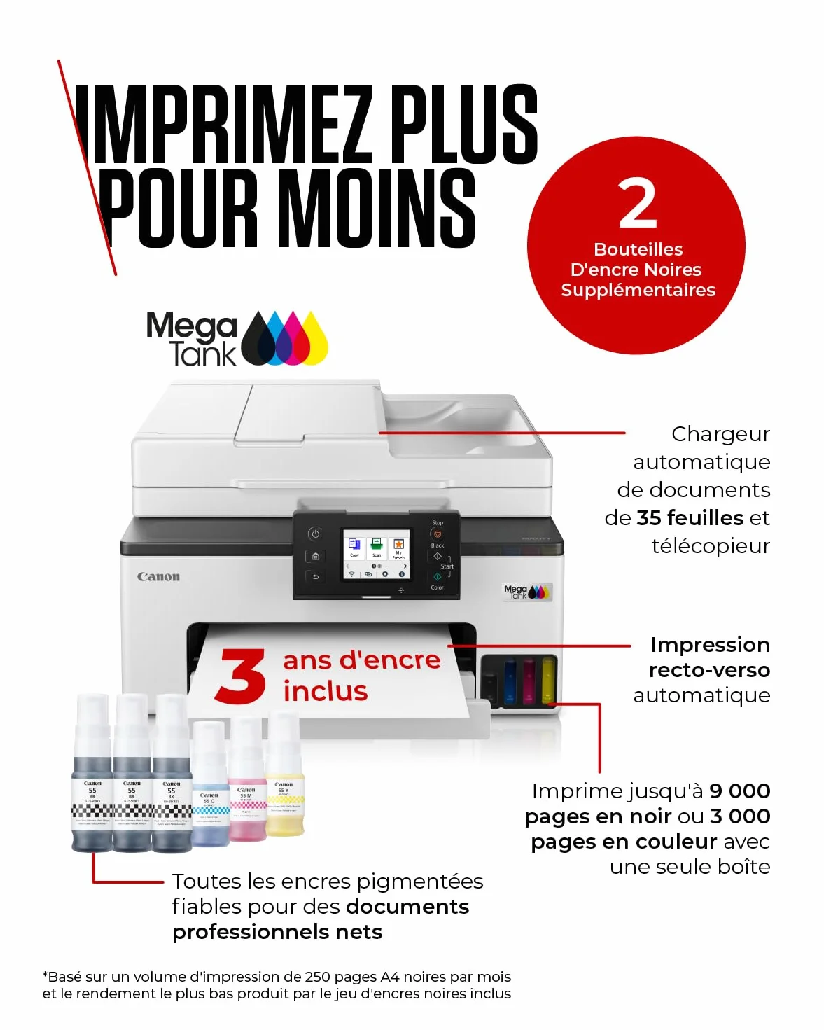 Canon MAXIFY GX2050 Imprimante A4 Couleur Jet d'encre MegaTank Tout-en-Un Wi-Fi Ethernet USB