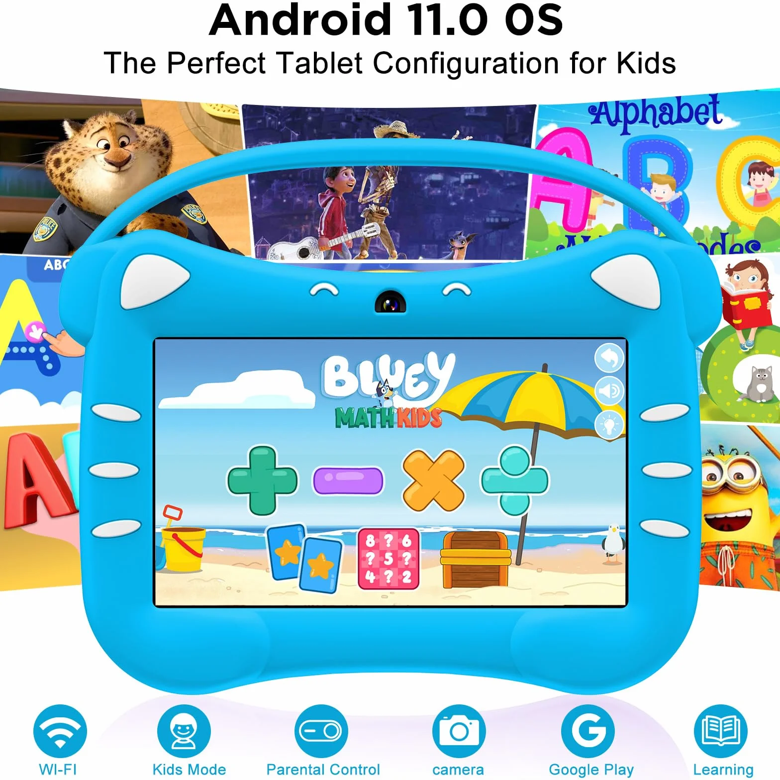 Tablette Éducative Enfant 7 Pouces Android WiFi Contrôle Parental Double Caméra Étui Sécurité 2 Go RAM 32 Go ROM 128 Go Extensible 3-12 Ans Bleu