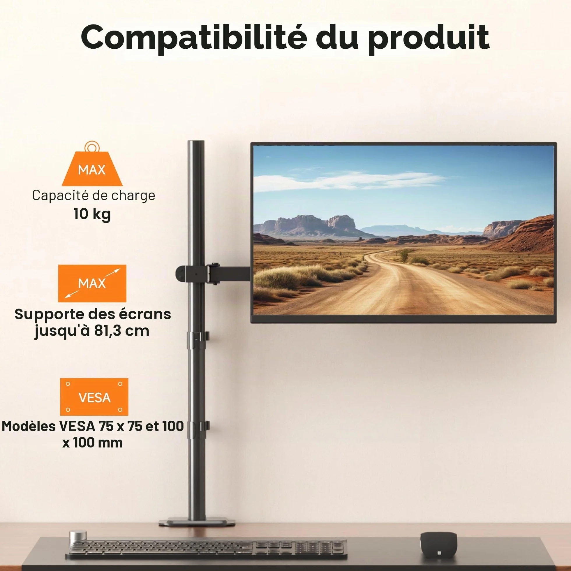 Bras Écran PC Bracwiser pour Moniteurs 13-32 Pouces, VESA 75/100 mm, Réglable en Hauteur 80cm, Rotation 360°, Pivotement 90°, Charge Max 10 kg