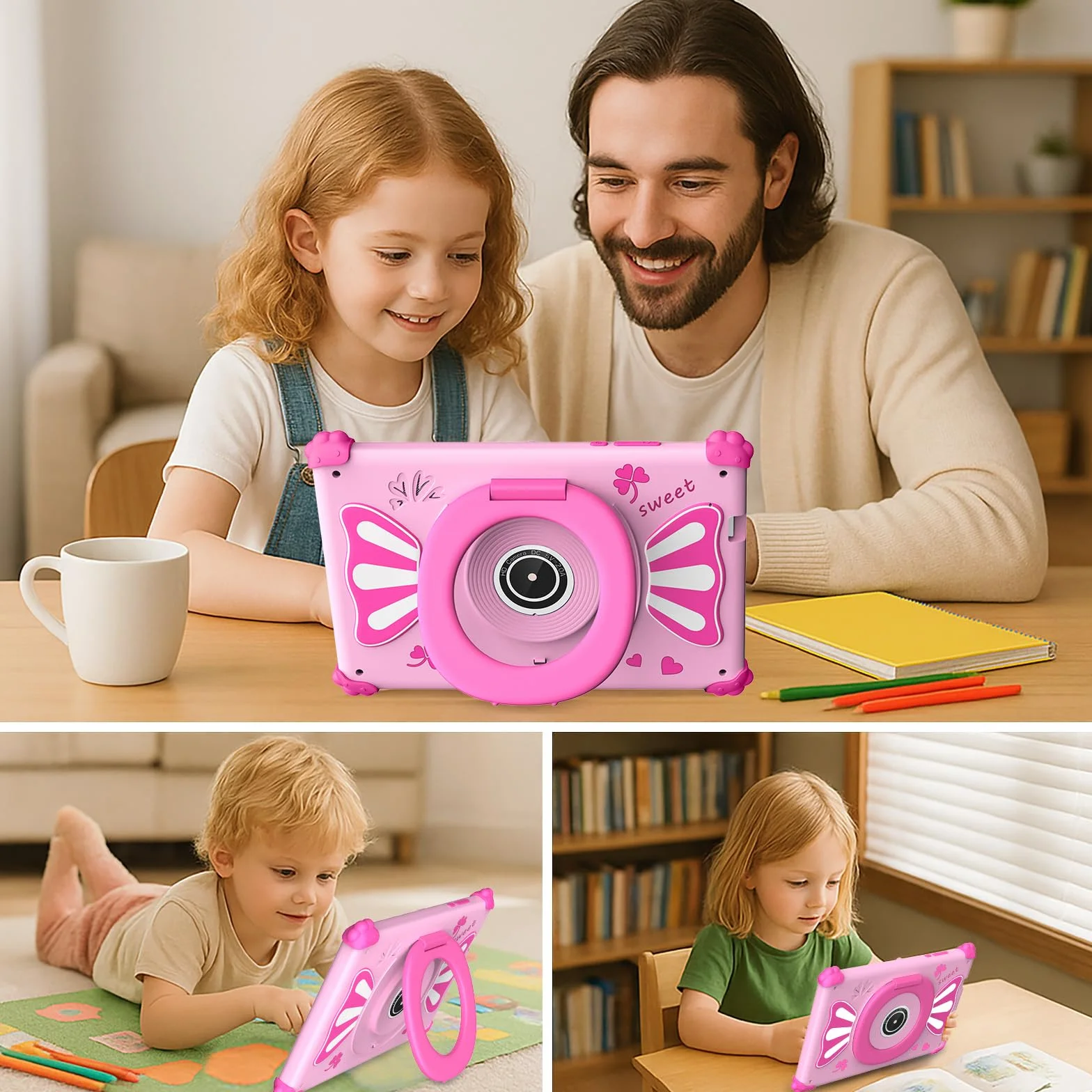Tablette Enfants 7 Pouces Android 15 WiFi6 Penta Core 6Go RAM 32Go ROM Double Caméra 128Go Extension Rose