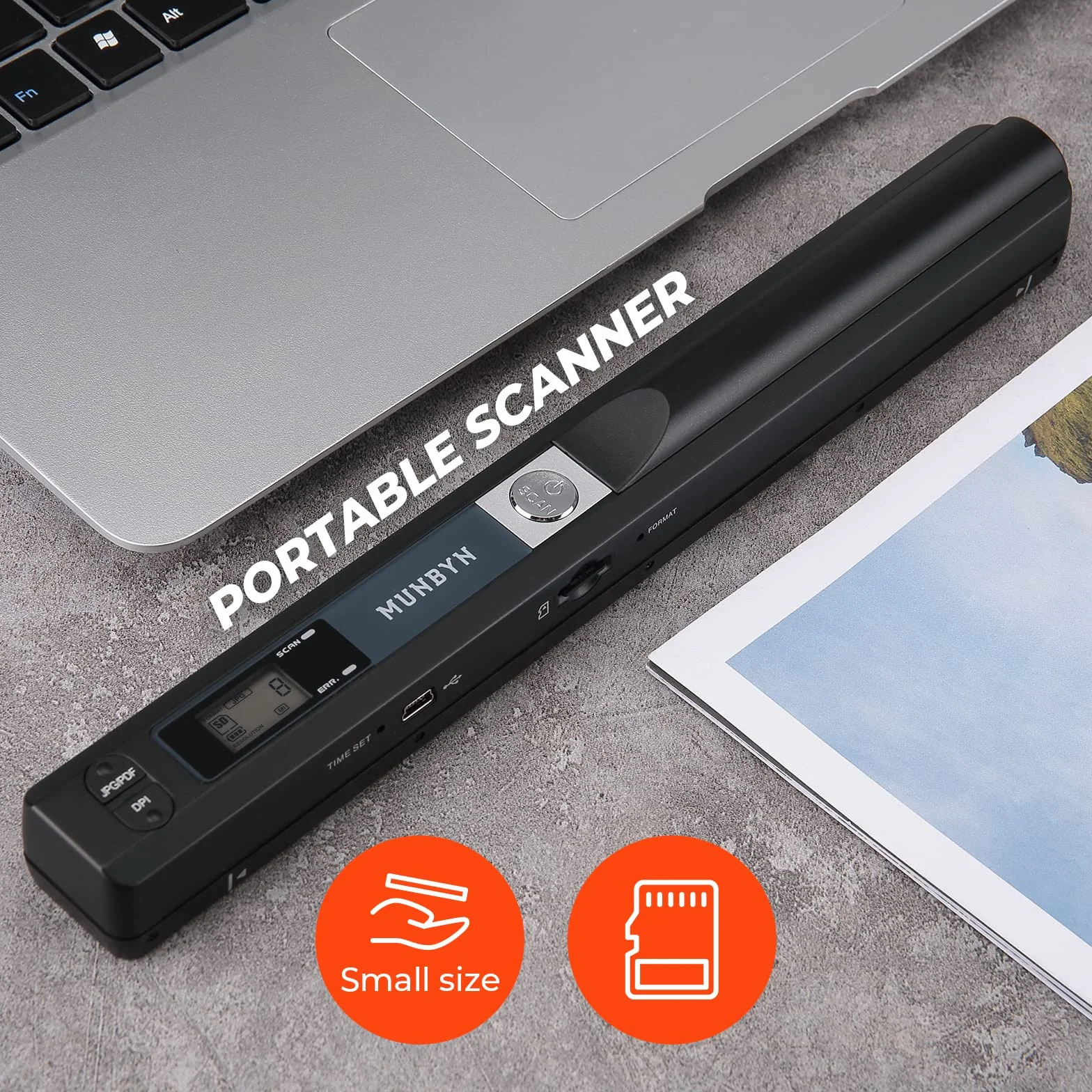 MUNBYN Mini Scanner de Poche Portable sans Fil 900 DPI A4 JPG/PDF LCD Noir
