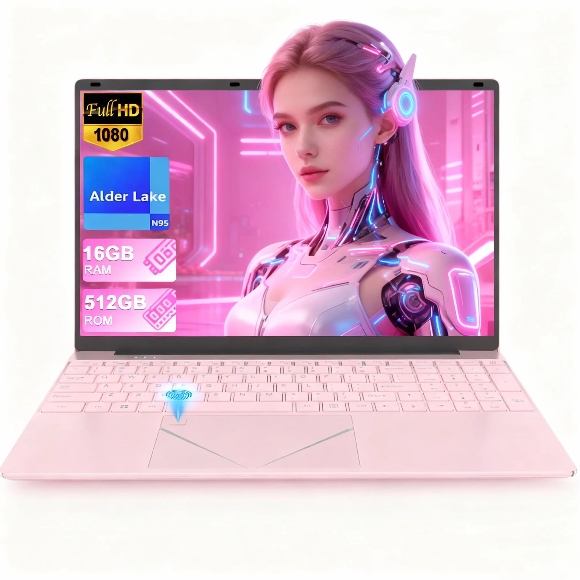 Ordinateur Portable 15,6 Pouces Rose, FHD 1920x1080, Processeur N95 3,4 GHz, 16 Go DDR4 RAM, 512 Go SSD, Léger pour Étudiants
