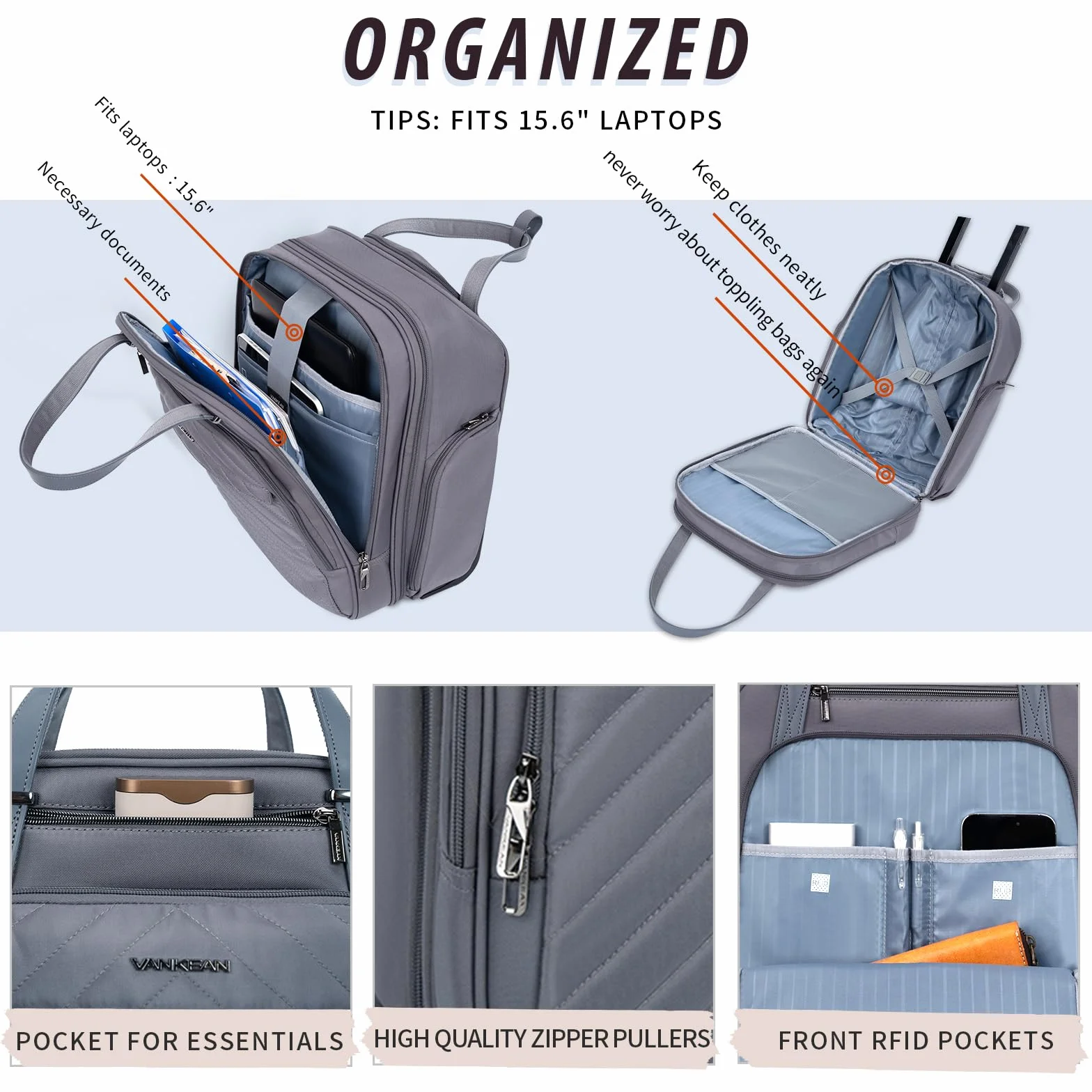 VANKEAN Valise de Nuit légère 40.6 cm 16inch Bagages Souples sous le siège Gris foncé
