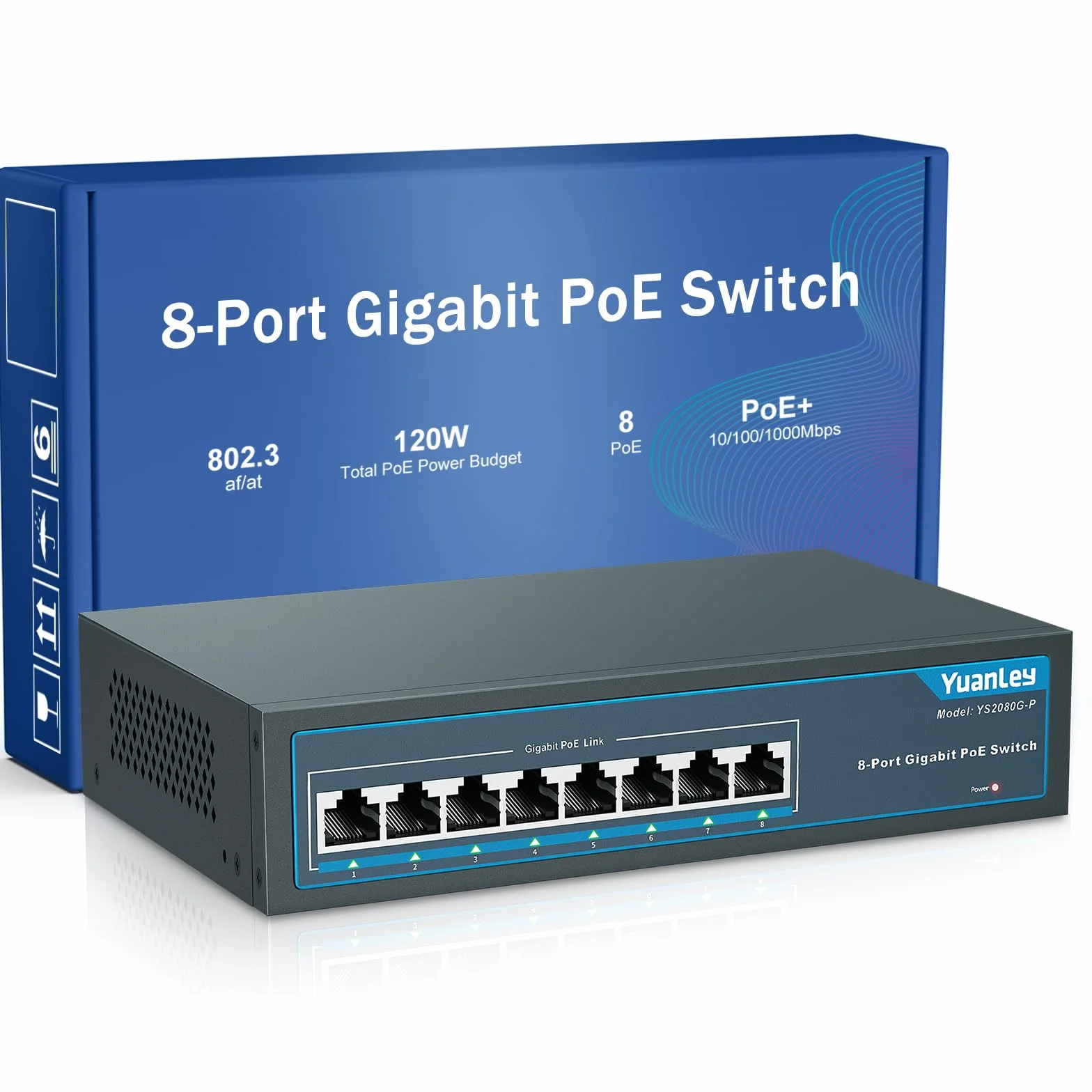 YuanLey 8 Port Gigabit PoE Switch, 8 PoE+ Port 1000Mbps, 120W 802.3af/at, Metal Fanless Unmanaged