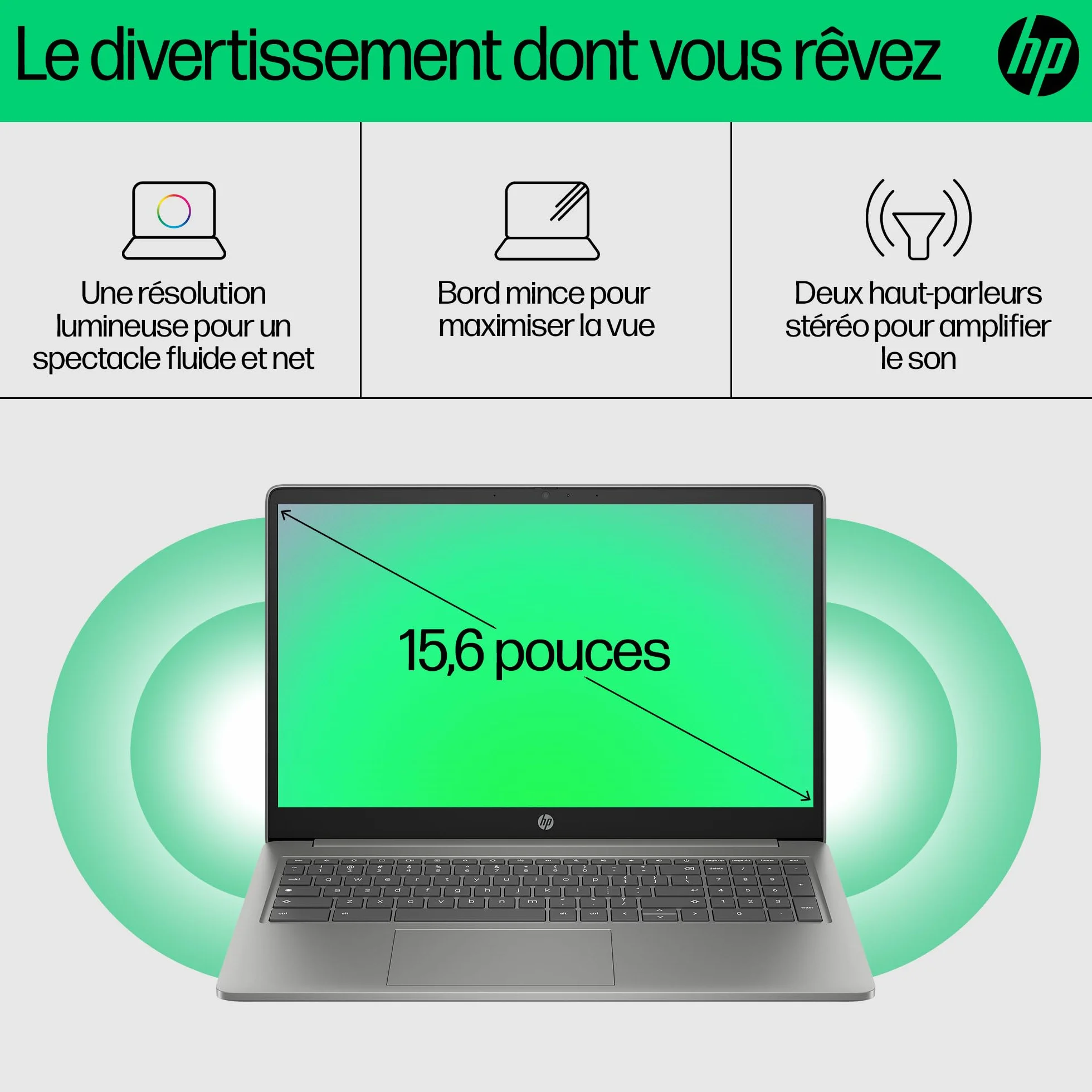 HP Chromebook 15a-nb0000sf Ordinateur Portable Intel Core i3 N305 8 Go RAM 256 Go UFS Écran 15.6" FHD IPS Antireflet Clavier AZERTY Argent