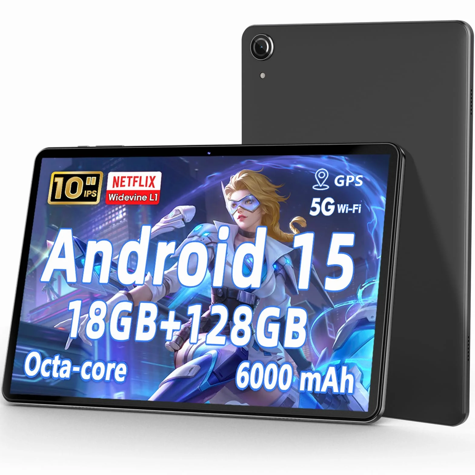 Tablette 10 Pouces Android 15 18 Go RAM 128 Go ROM Octa-Core HD IPS 1280×800 Batterie 6000 mAh Double Caméra WiFi 2,4G