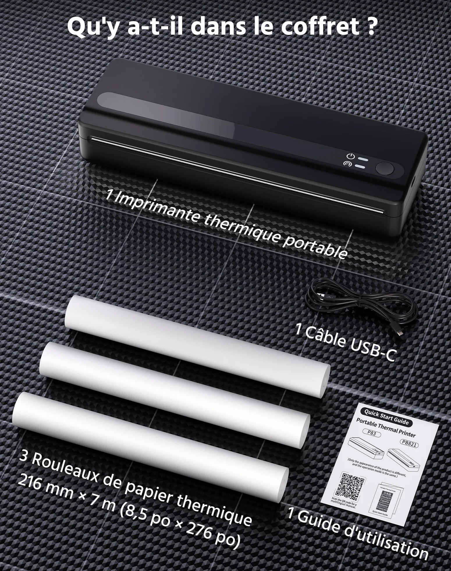 Imprimante Thermique A4 PB821, Mobile sans Encre Bluetooth USB, Portable avec 3 Rouleaux