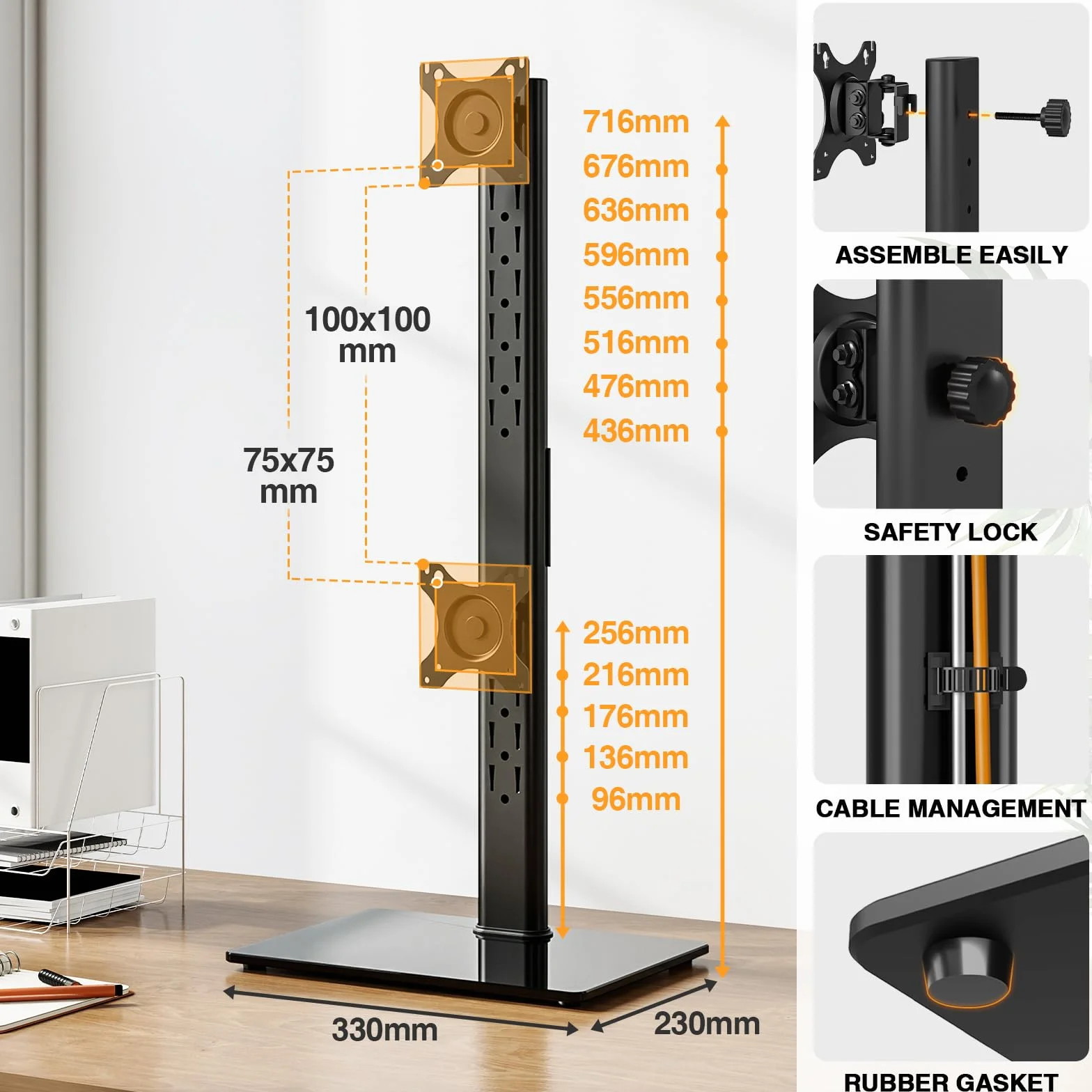 Support Double Écran PC 13-38 Pouces, Support Vertical Bureau VESA 75x75/100x100 mm 20 kg