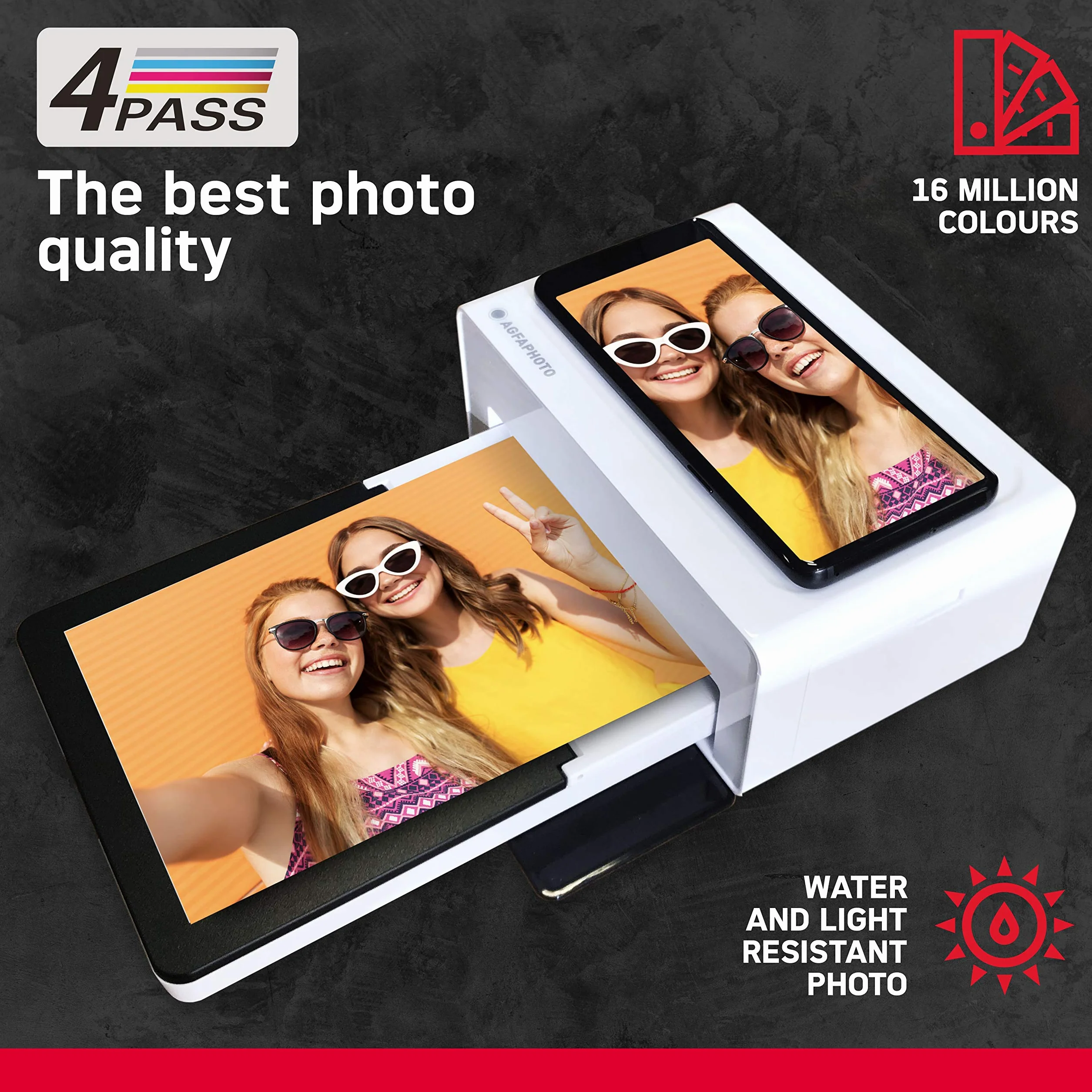 AgfaPhoto Realipix Moments Imprimante Photo Bluetooth 10x15 cm 4Pass Sublimation Thermique Blanc + Cartouches Papier 40 Photos + Cadre magnétique