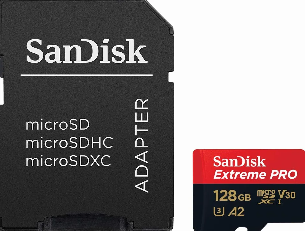 SanDisk Extreme PRO microSDXC 128 Go + adaptateur SD, jusqu'à 200 Mo/s, A2 UHS-I Class 10 U3 V30