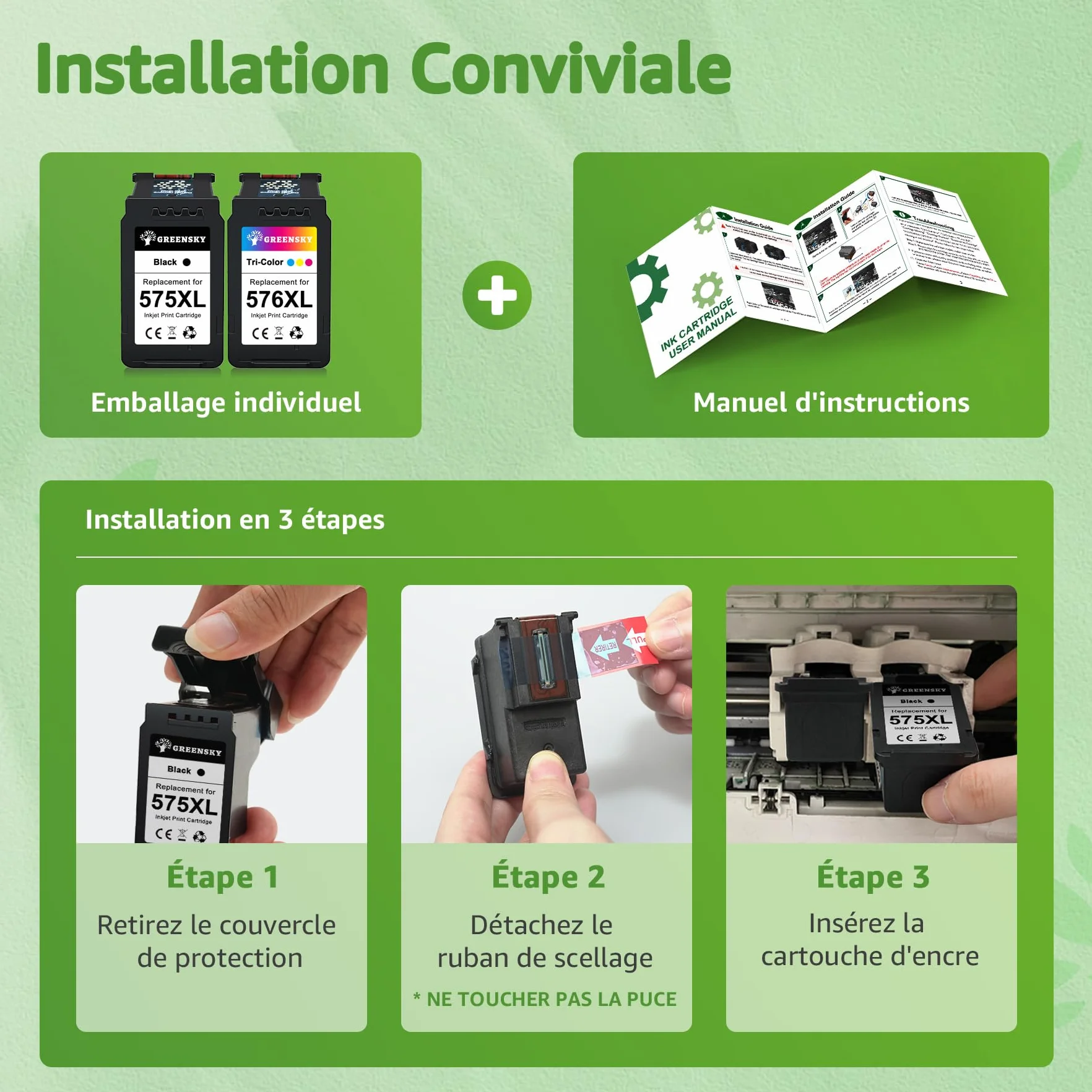 Cartouches d'encre GREENSKY PG-575XL CL-576XL Remplacement pour Canon 575 576 Noir Couleur
