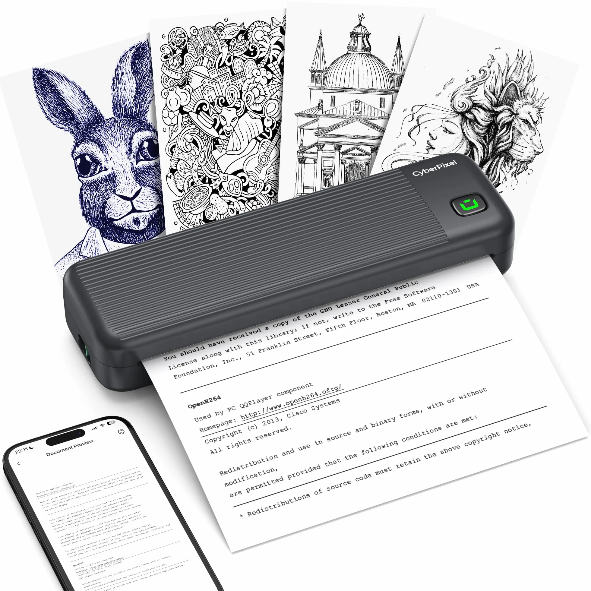 Imprimante Thermique Portable A4 Bluetooth Sans Encre 216/210/110/80/53mm Compatible iOS Android Mac Windows Noir