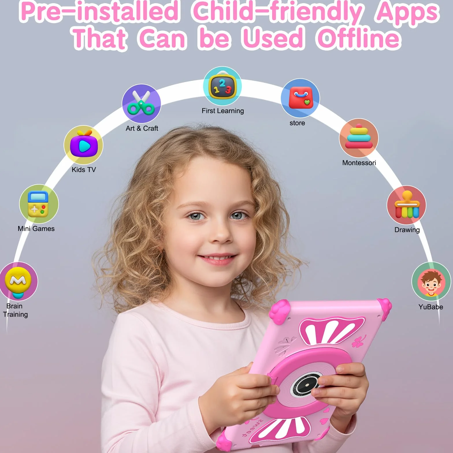 Tablette Enfants 7 Pouces Android 15 WiFi6 Penta Core 6Go RAM 32Go ROM Double Caméra 128Go Extension Rose