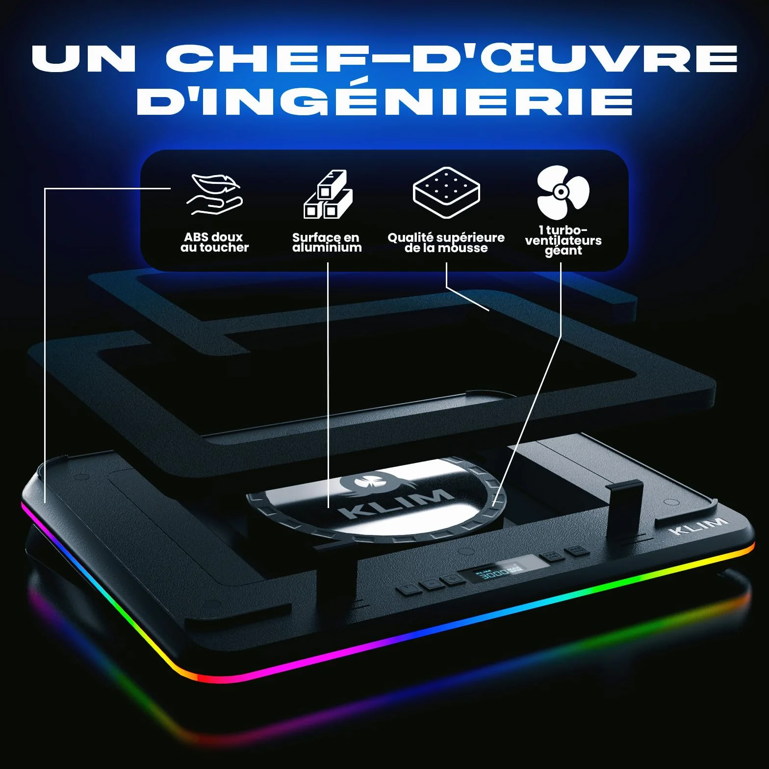 KLIM Turbofrost Max Refroidisseur PC Portable RGB 15.6-17 Pouces Ventilateur XL