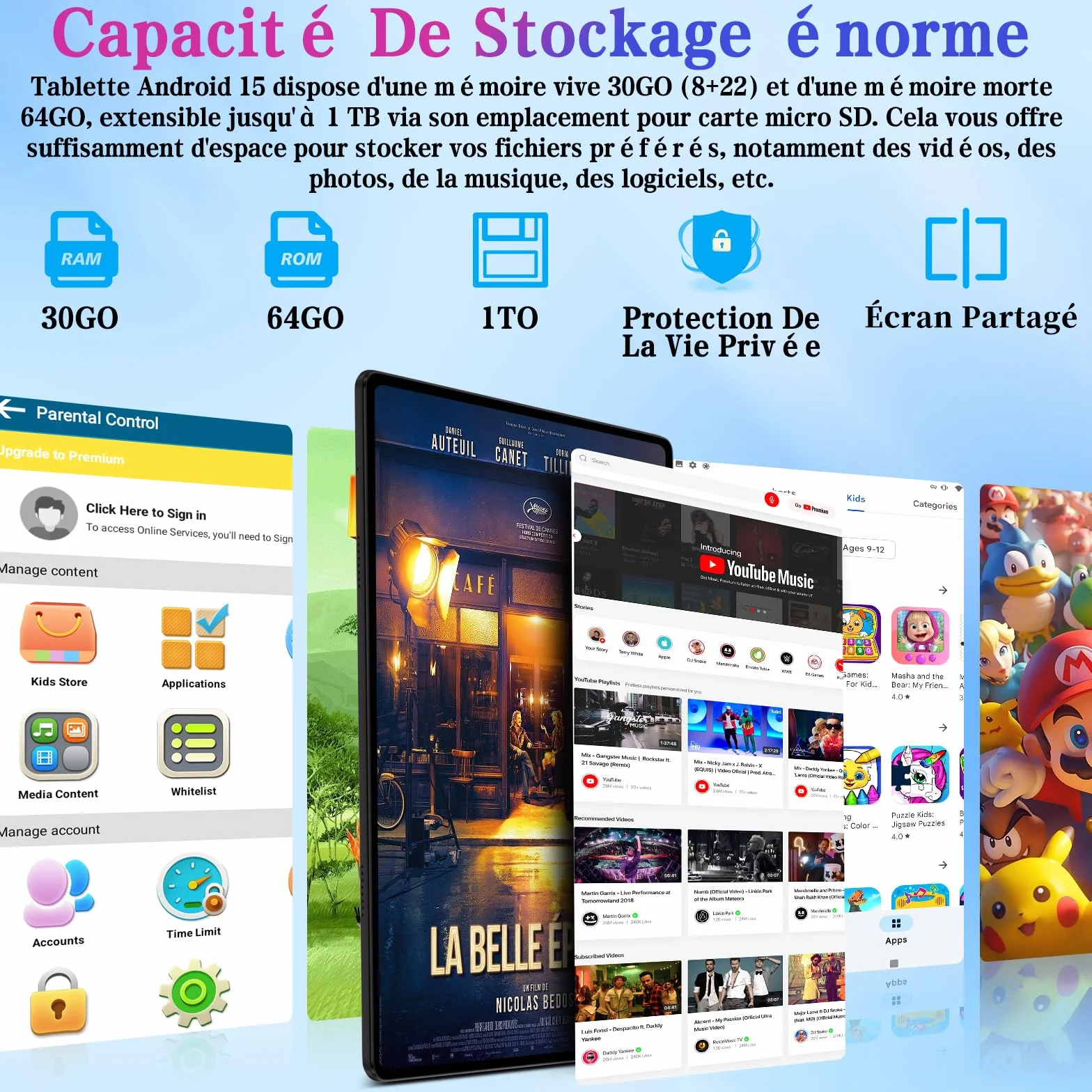 Tablette Enfants 10 Pouces Android 15 30Go RAM 64Go ROM TF 2To 5G WiFi Octa-Core Widevine L1 Face ID Contrôle Parental 6000 mAh BT 5.0