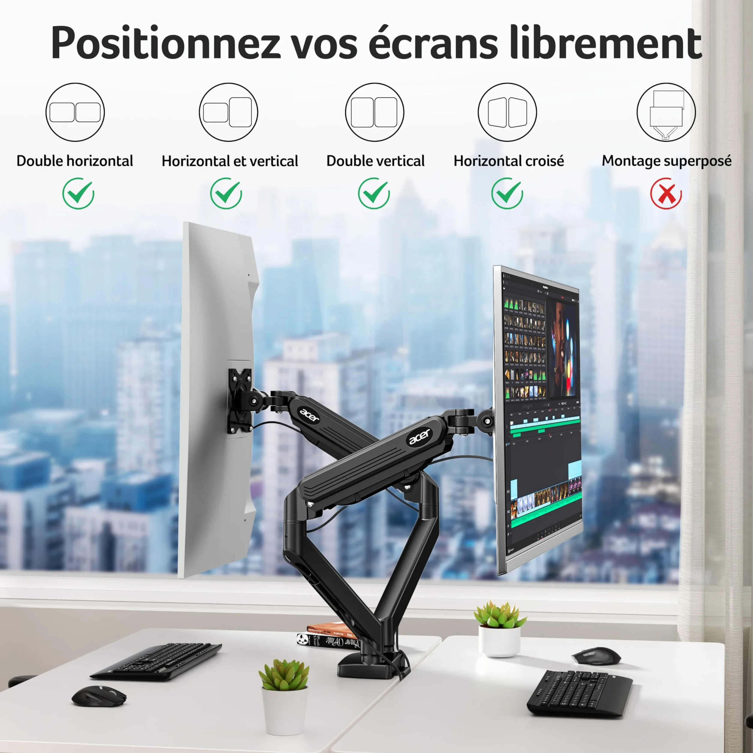 Acer Bras Écran PC Double Ecran 17-32 Pouces VESA 75/100mm Capacité 2-9kg Réglable Hauteur Incline Pivote Tourne Articulé Ressort Gaz