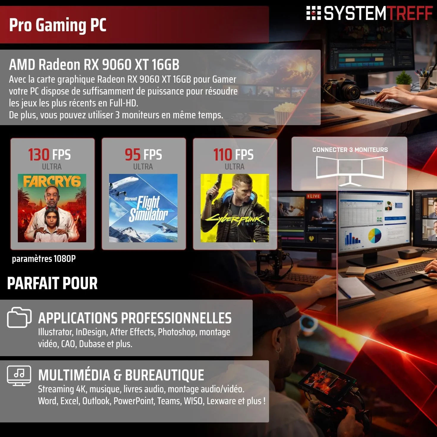 PC Gamer AMD Ryzen 7 9700X 8x5.5GHz Radeon RX 9060 XT 16Go DX12 1To M.2 NVMe 32Go DDR5 RAM Windows 11 Ordinateur de Bureau WLAN