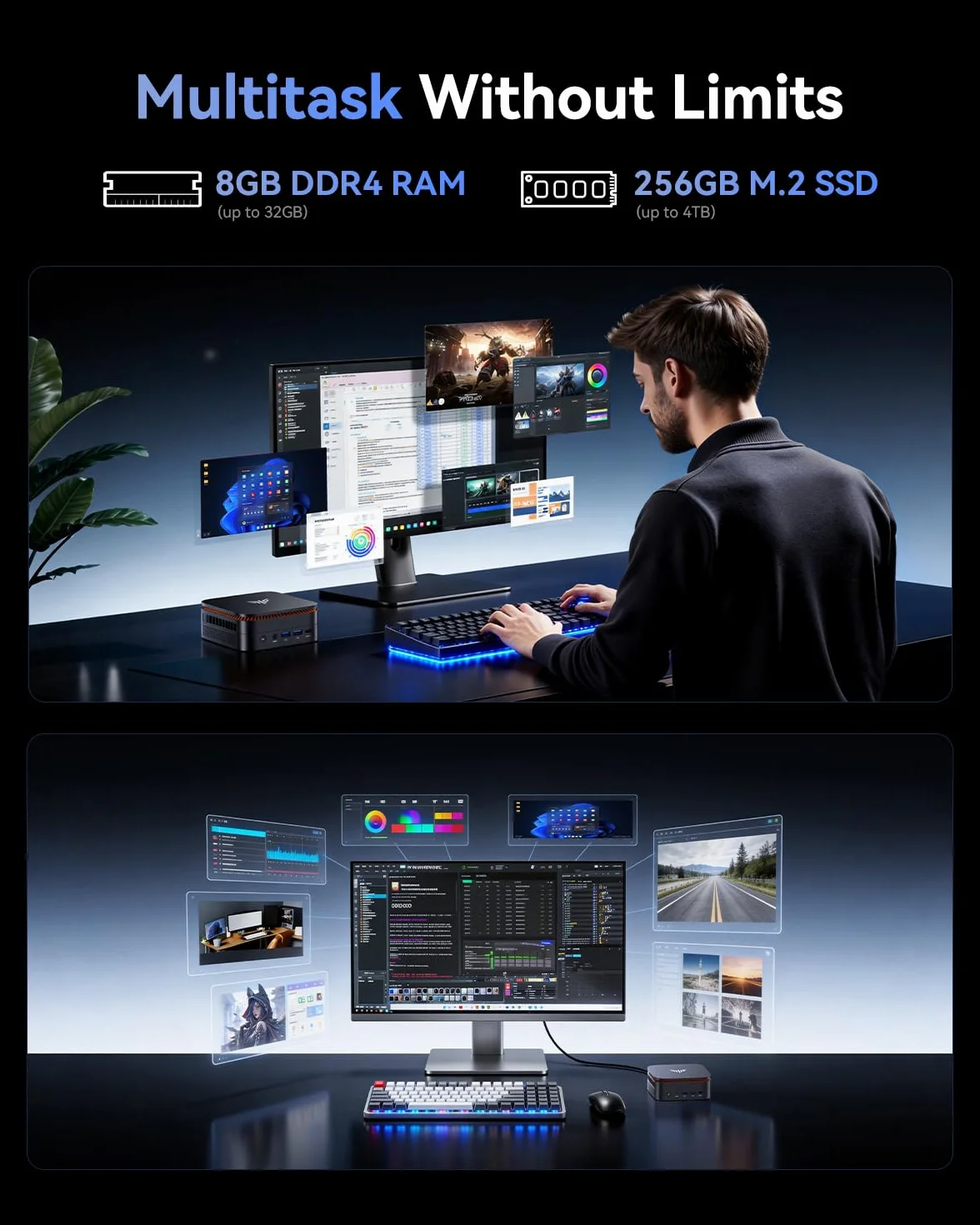 NiPoGi Pinova P1 Mini PC AMD Ryzen R2544 8Go DDR4 256Go SSD W-11 Pro 4K UHD Triple Display