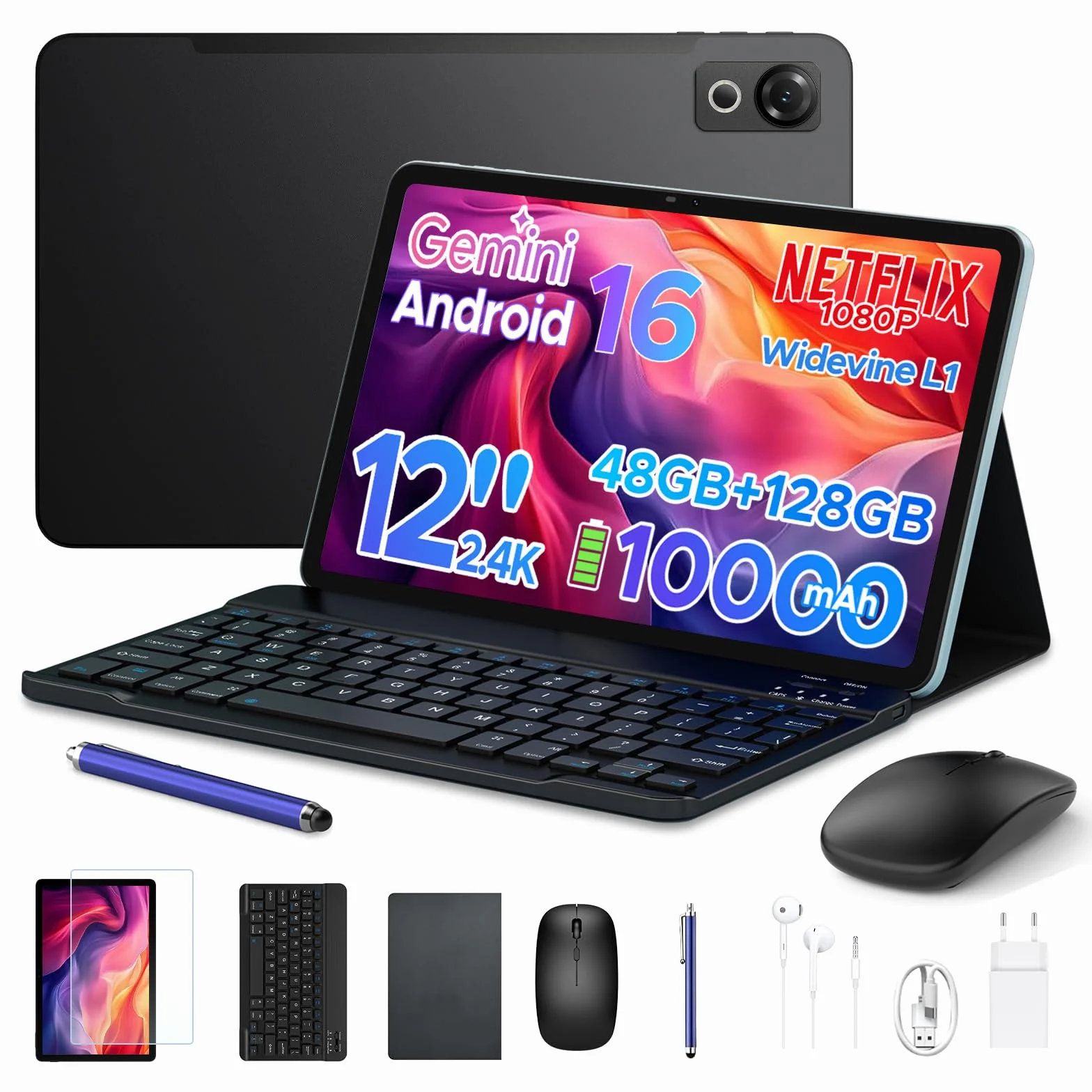 Tablette 12 Pouces Android 16, 48Go RAM+128Go ROM, T7280 Octa-Core, IPS 2.4K 120Hz, 10000mAh, WiFi5, Clavier Inclus