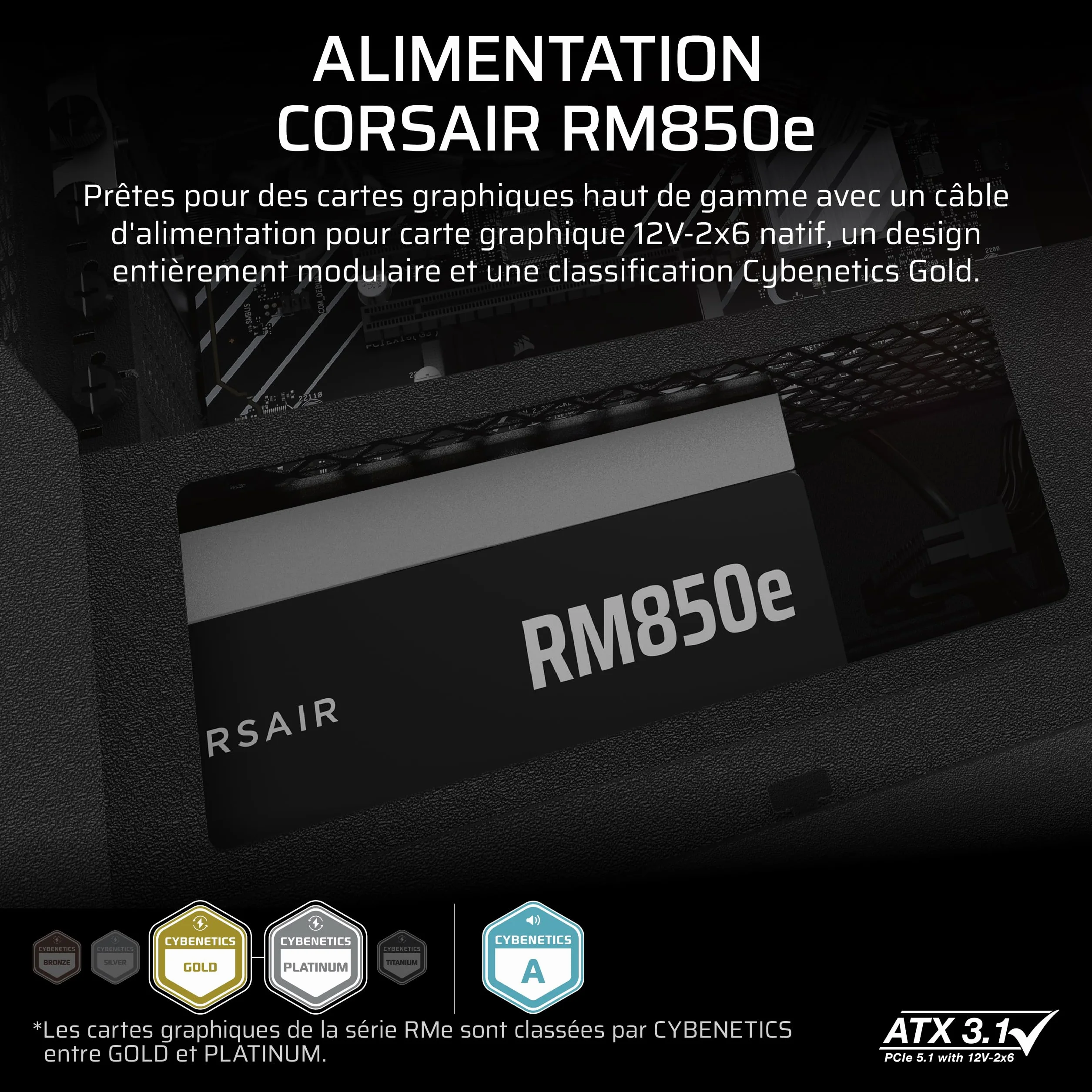 CORSAIR RM850e (2025) Alimentation ATX Modulaire Silencieuse Noir 850W Cybenetics Gold