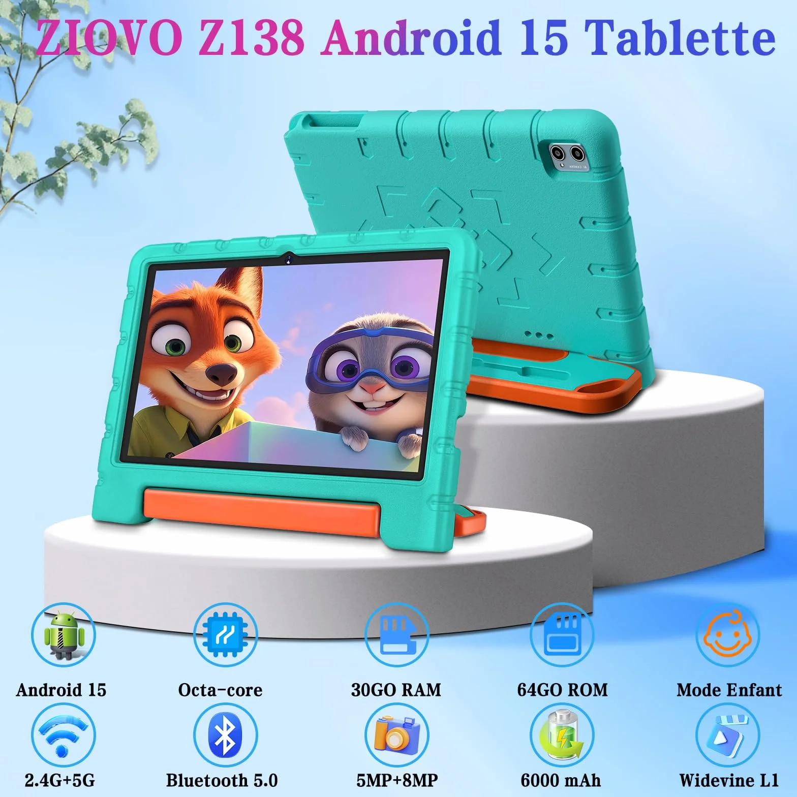 ZIOVO Tablette Enfants 10 Pouces Android 15, 30Go RAM+64Go ROM, 5G WiFi, Octa-Core, 6000 mAh, Vert