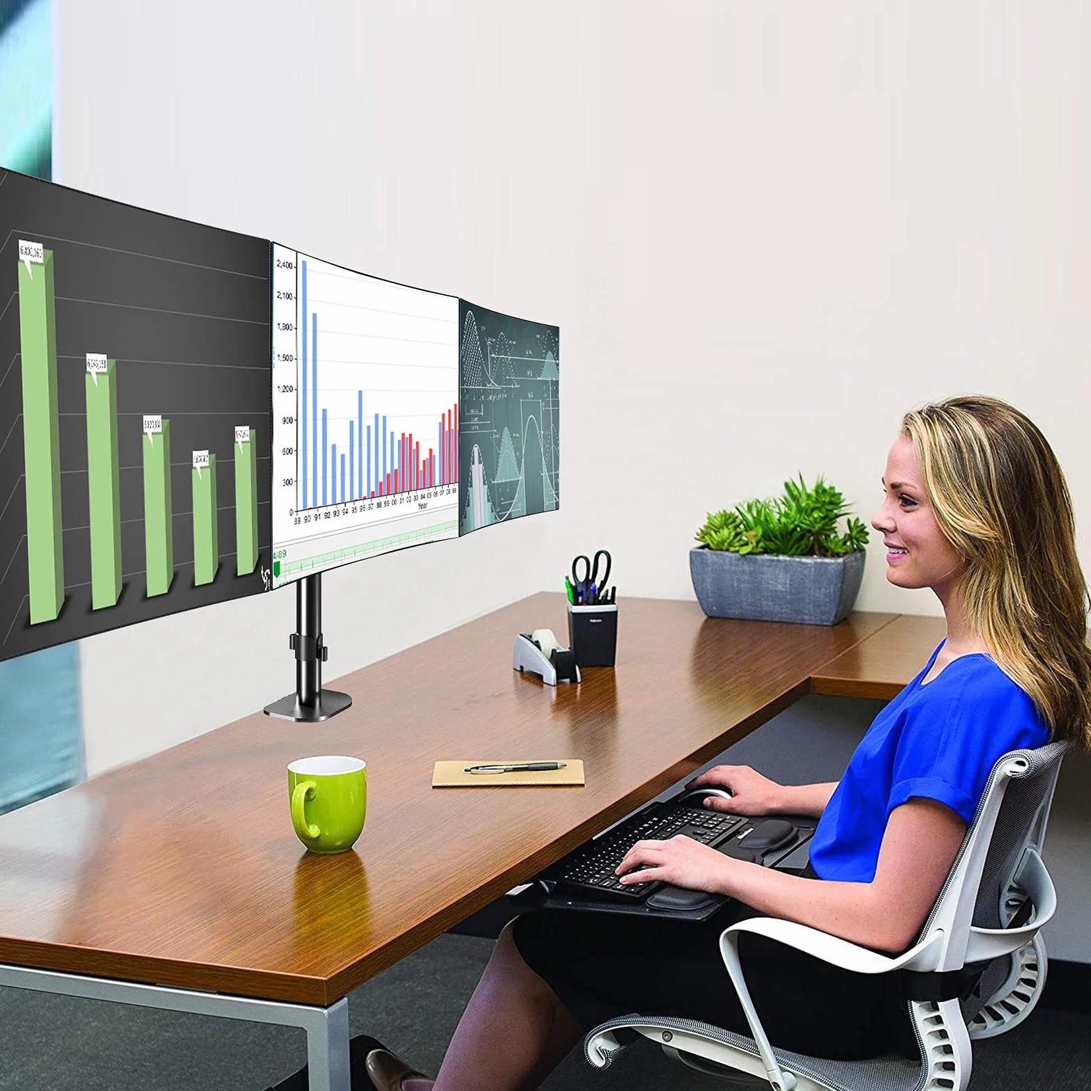 Pholiten Support Ecran PC 3 Ecran, Support de Moniteur 17-27", Inclinaison et Pivotement, VESA 75/100mm