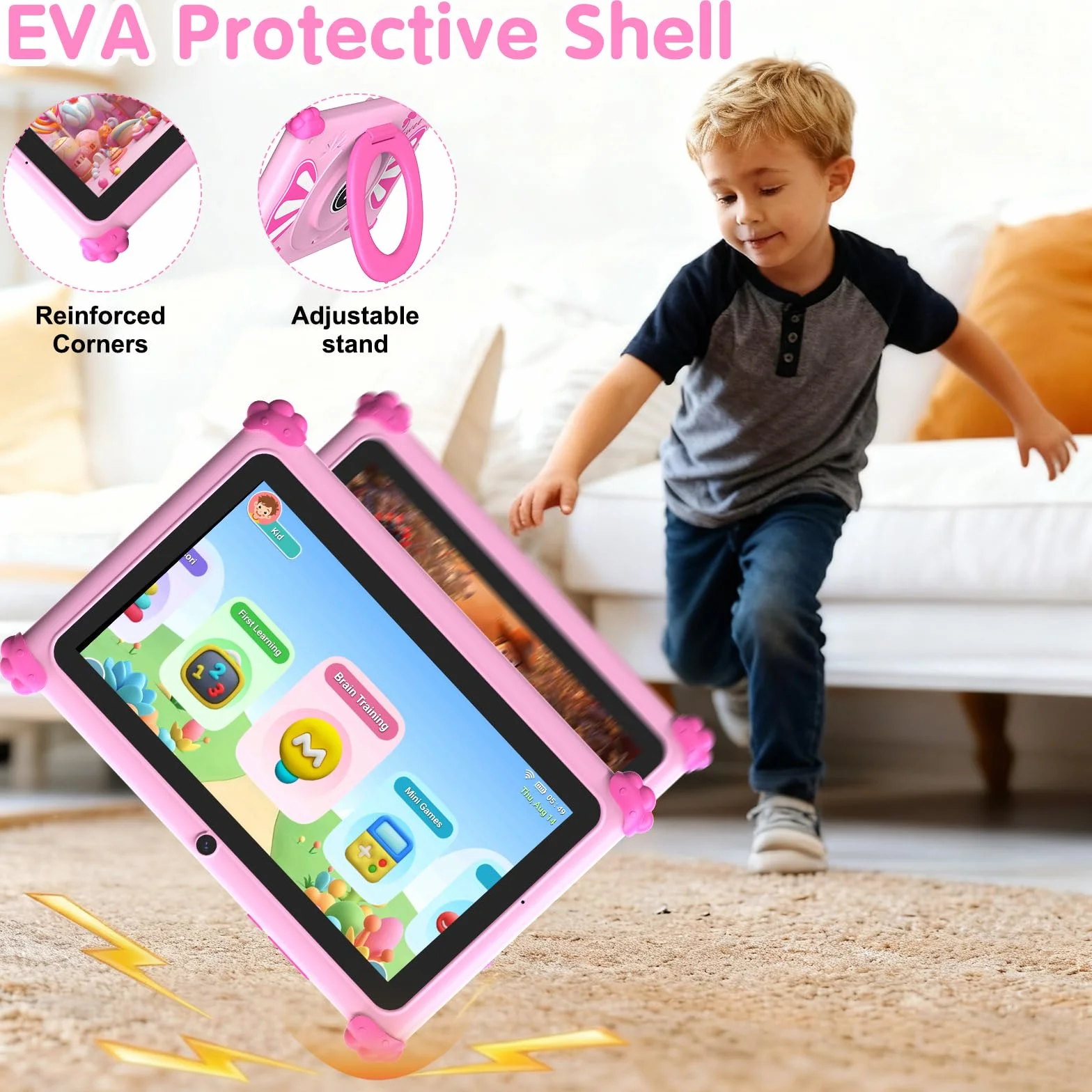 Tablette Enfants 7 Pouces Android 15 WiFi6 Penta Core 6Go RAM 32Go ROM Double Caméra 128Go Extension Rose