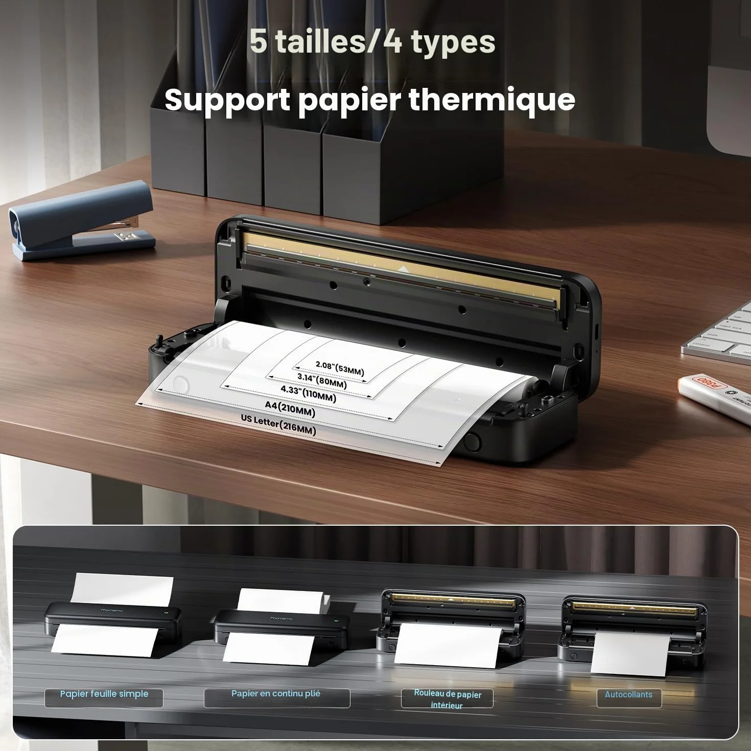 Phomemo M834 Imprimante Thermique A4 sans Encre Bluetooth USB Portable avec Mallette et Papier Noir
