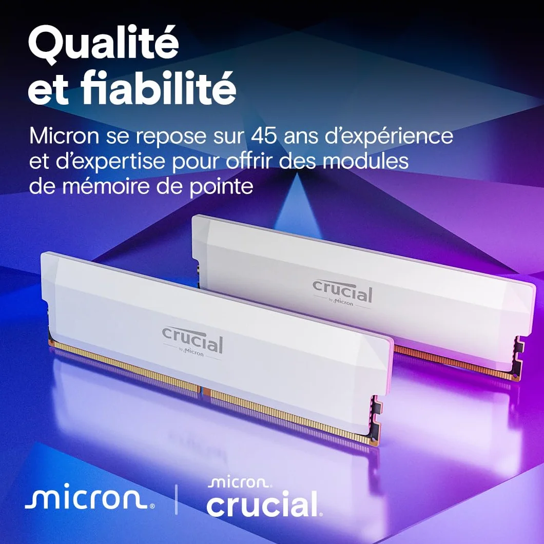Crucial Pro RAM DDR5 32Go Kit 2x16Go 6000MHz CL36 Overclocking Gaming Intel XMP 3.0 AMD Expo PC Mémoire Blanc