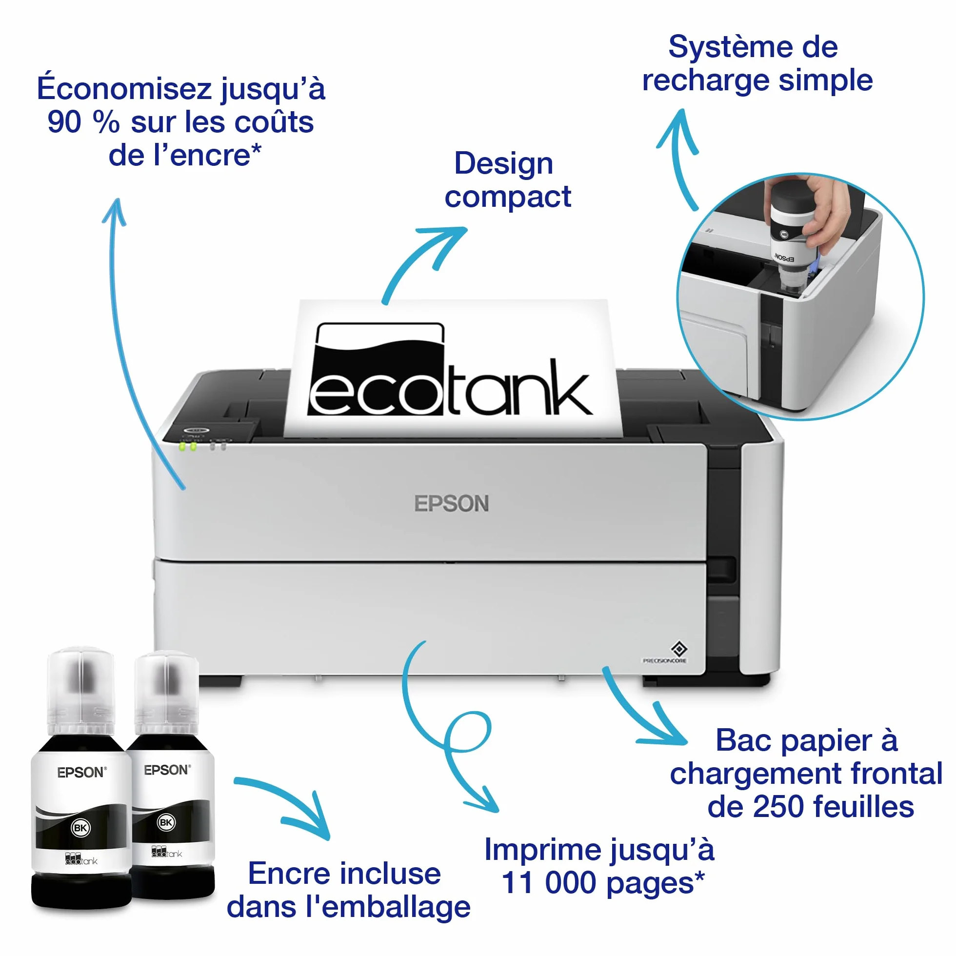 EPSON EcoTank ET-M1170 Imprimante jet d'encre monochrome A4 sans fil réservoir haute capacité 20ppm recto-verso Ethernet noir