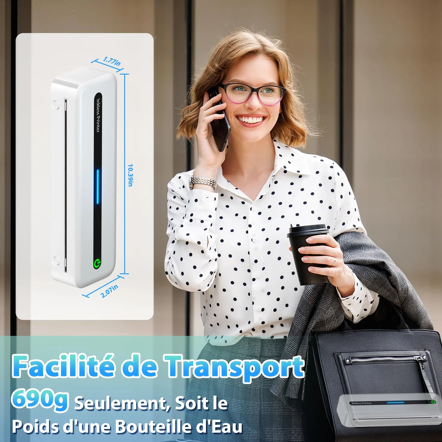 ASprink Imprimante Thermique A4 300DPI Portable sans Encre Compatible Android iOS Blanc