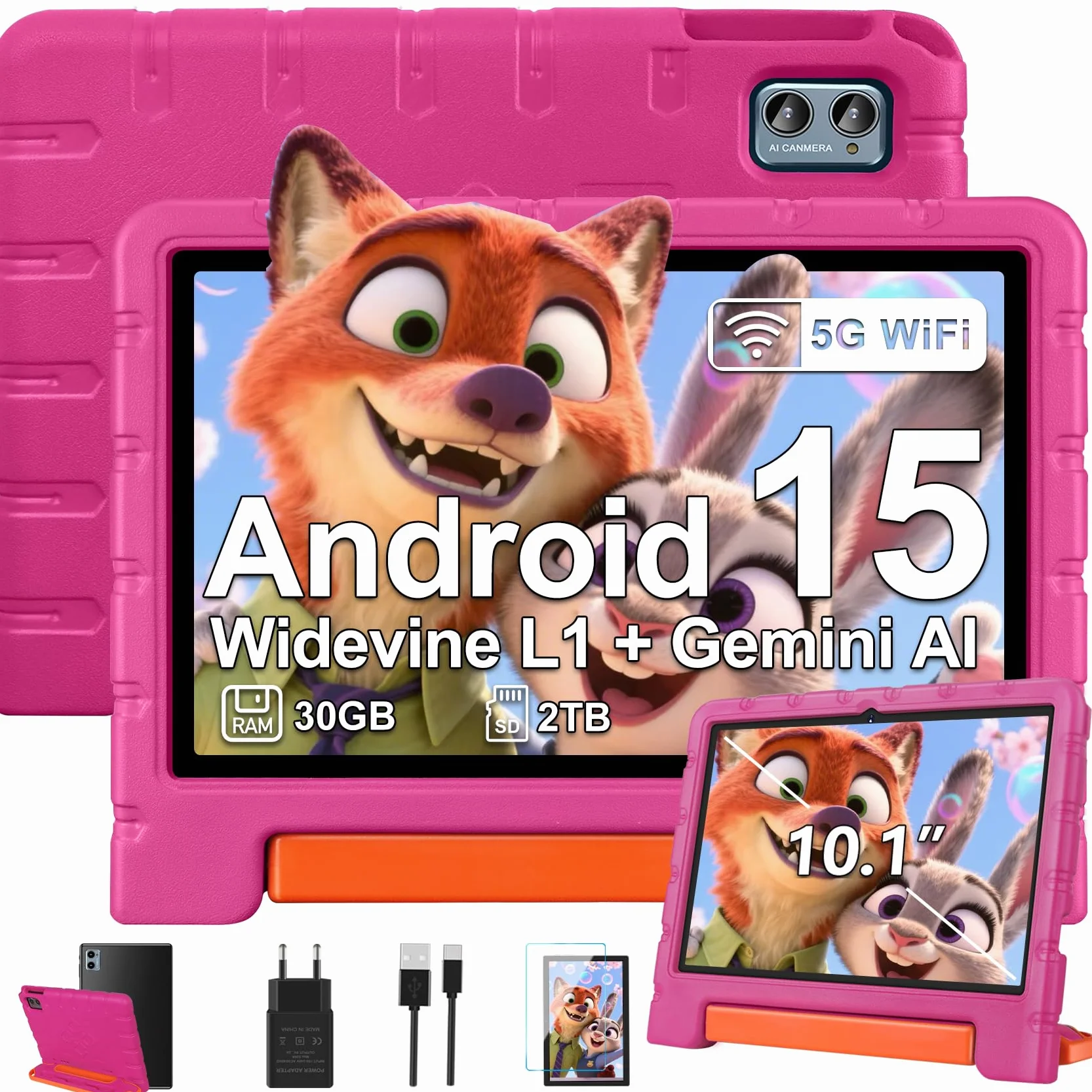 Tablette Enfants 10 Pouces Android 15 30Go RAM 64Go ROM TF 2To 5G WiFi Octa-Core Widevine L1 Face ID Contrôle Parental 6000 mAh BT 5.0