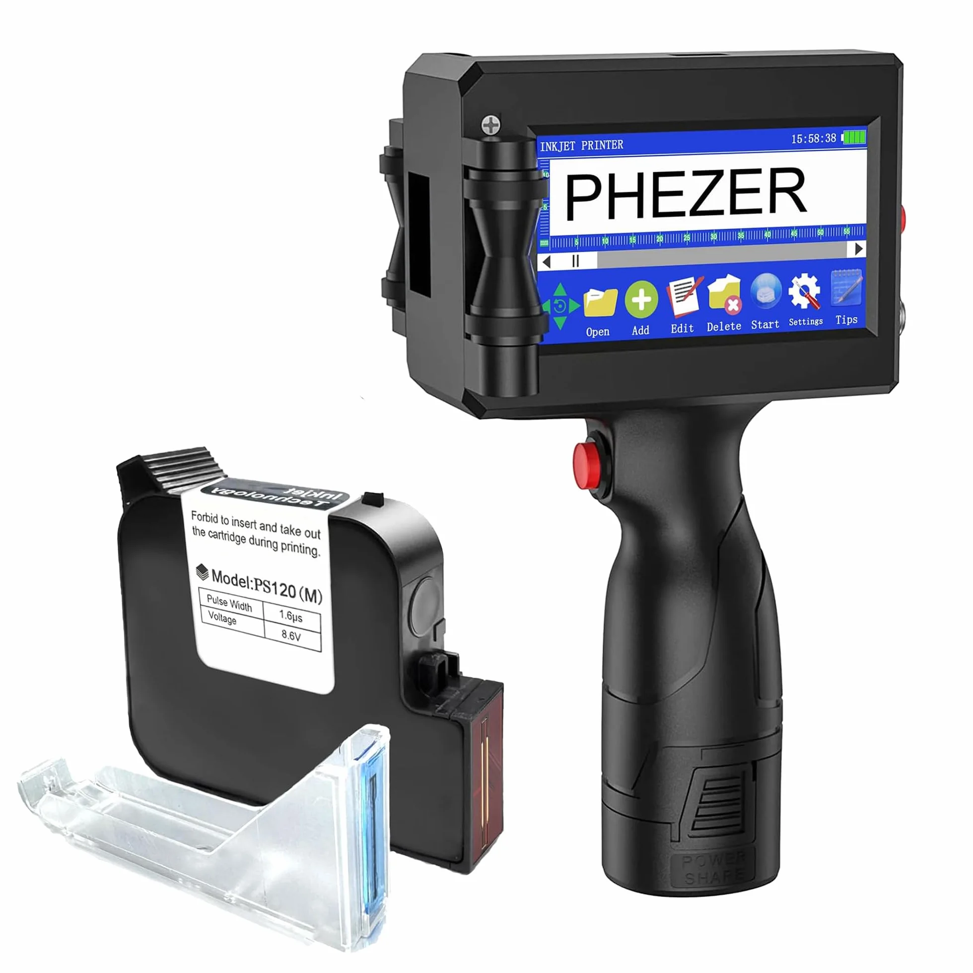 Phezer Imprimante à Jet d’Encre Portative 1 Pouce/25,4 mm Modèle P15-1 pour Code-Barre, Logo, Numéro de Lot