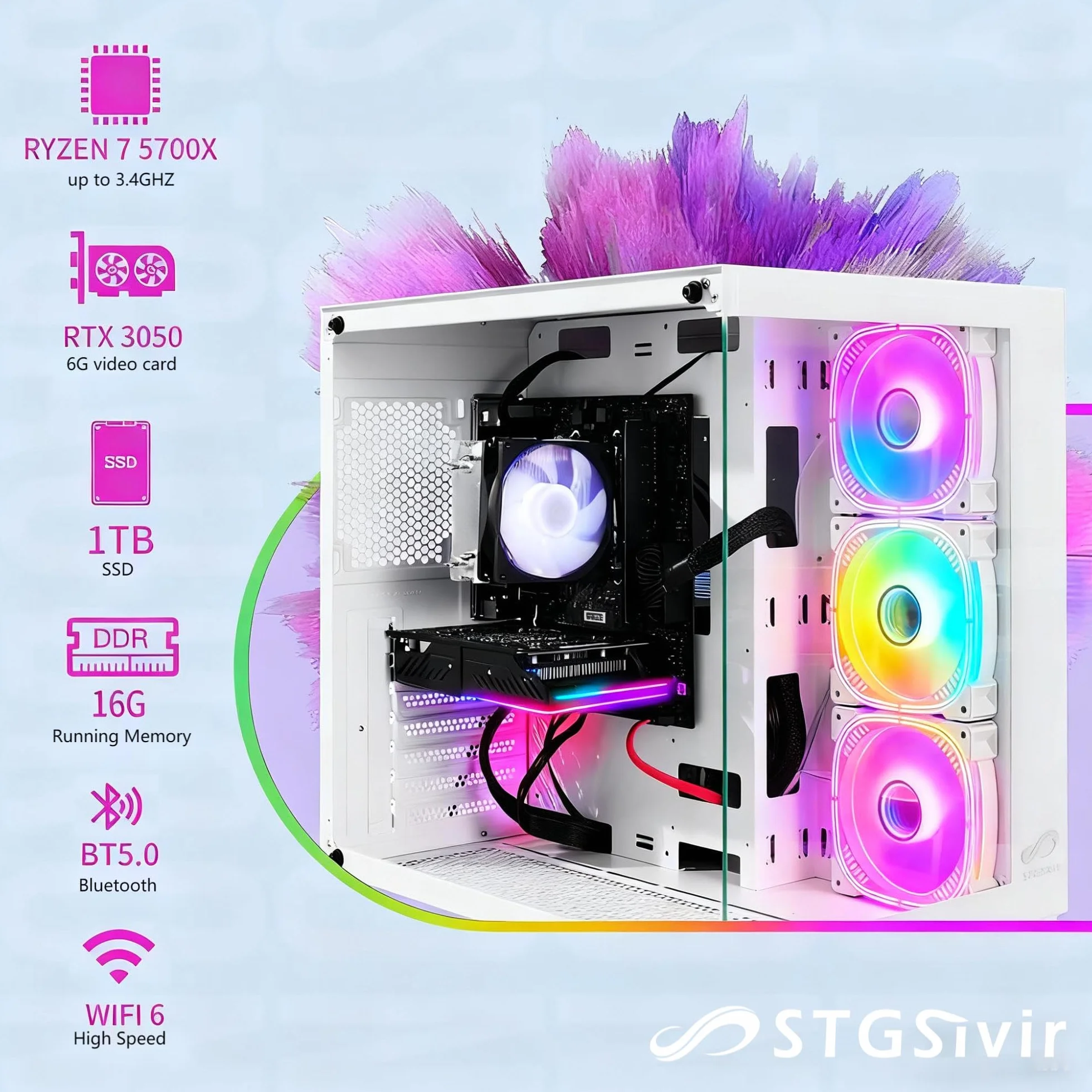 PC Gamer Fixe GeForce RTX 3050 6Go GDDR6 Ryzen 7 5700X 4.6Ghz 16Go DDR4 1To SSD WiFi 6 BT5.0 Windows 11 Pro