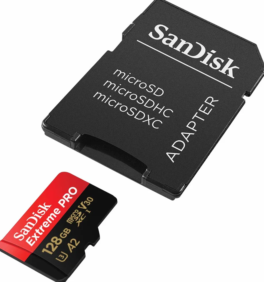 SanDisk Extreme PRO microSDXC 128 Go + adaptateur SD, jusqu'à 200 Mo/s, A2 UHS-I Class 10 U3 V30