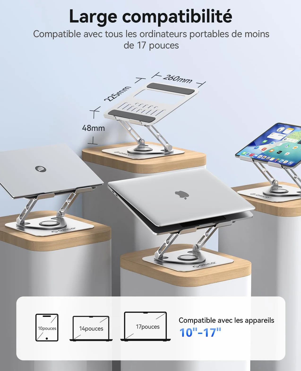 ORICO Support PC Portable Ergonomique Rotatif 360 Réglable Pliable Ventilé pour MacBook Air/Pro Dell XPS HP 10-17,3 Pouces ST12 Argent