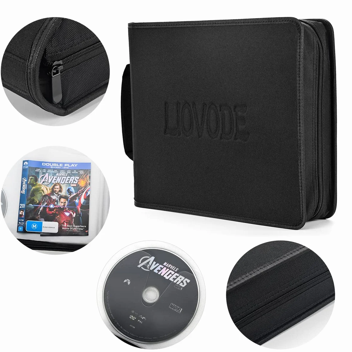 LIOVODE Étui de rangement DVD pour 128 DVD et 64 livrets, noir