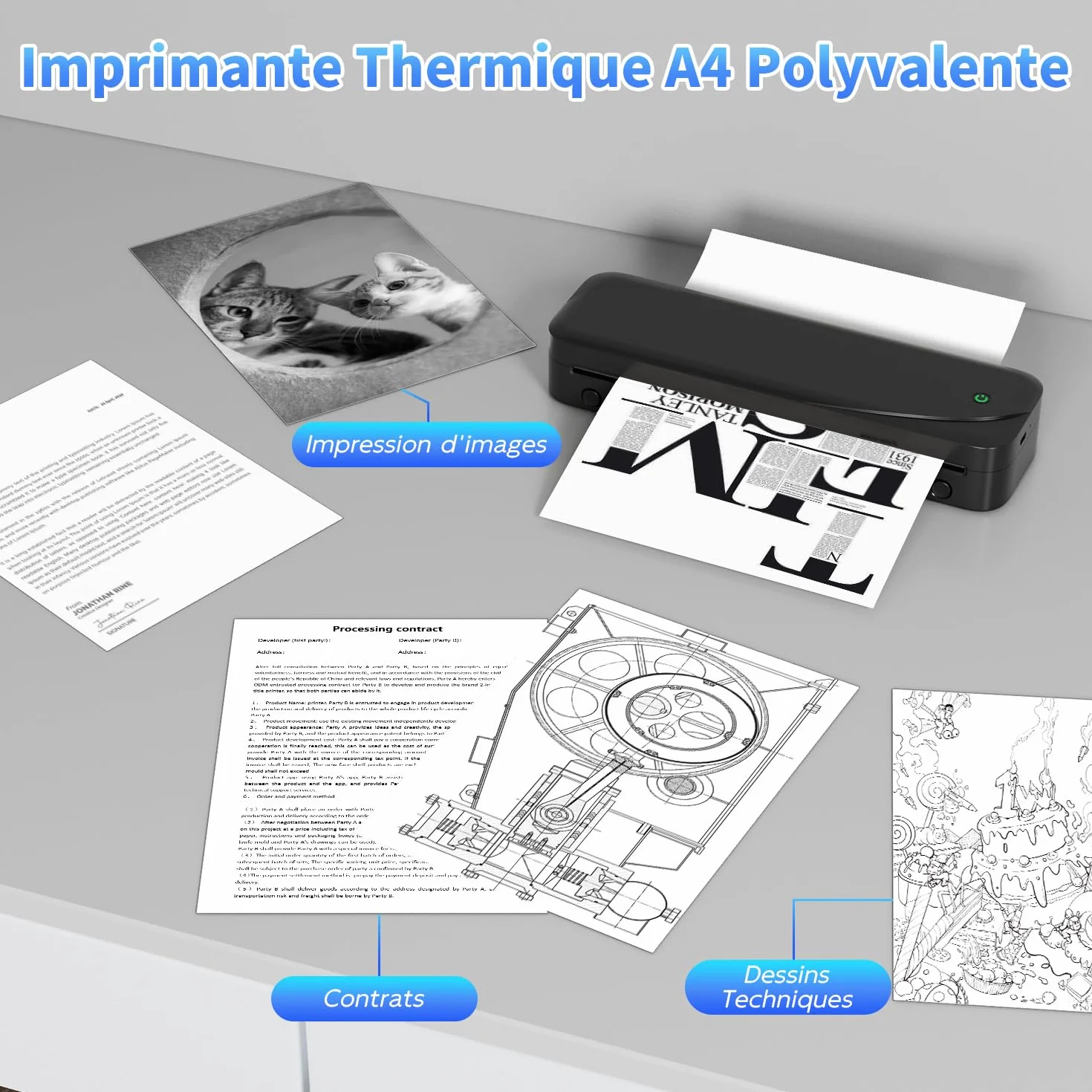 Phomemo M833 Imprimante Thermique A4 300 DPI sans Encre, Batterie 2600mAh, Compatible PC Android iOS Noir