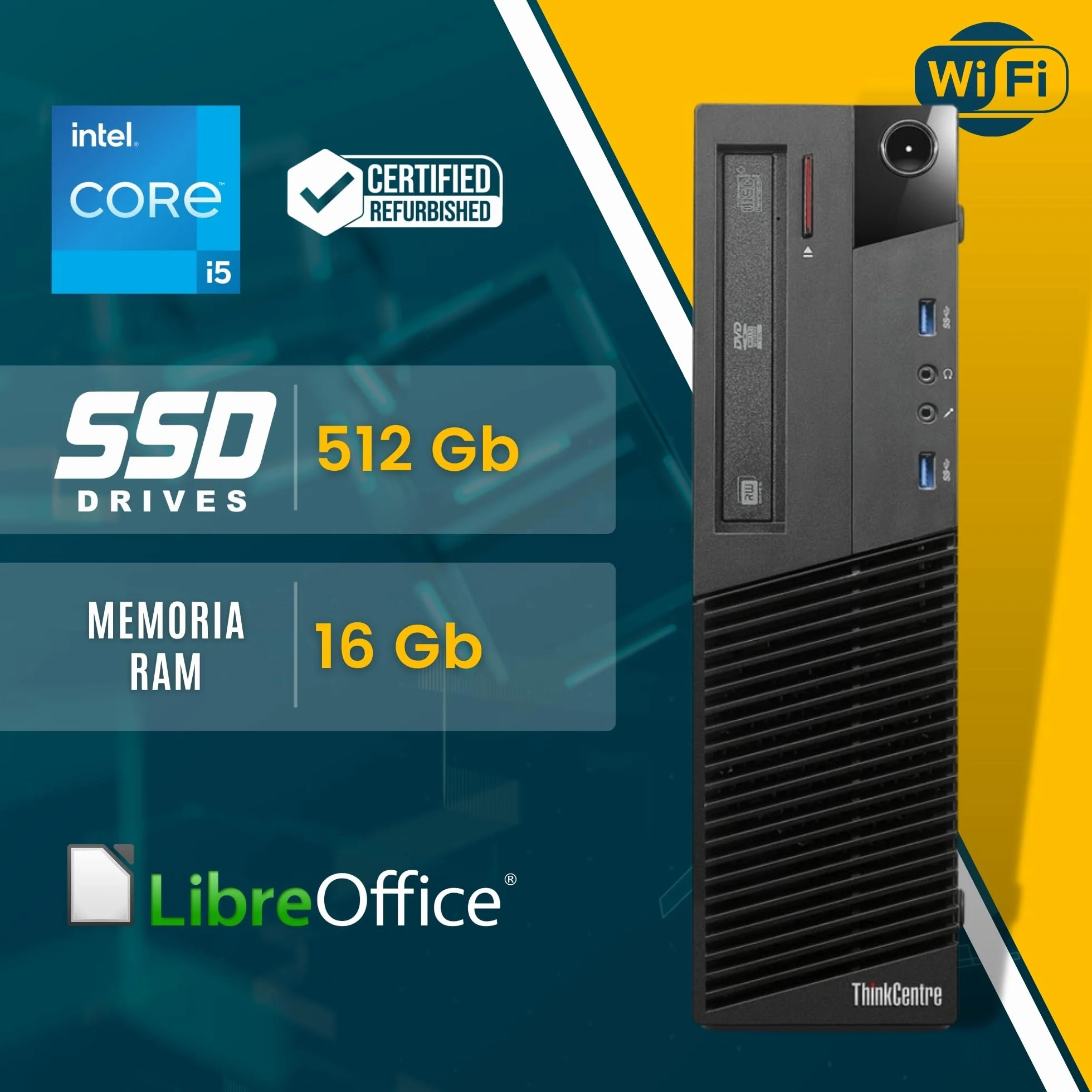 Lenovo Ordinateur PC Bureau Intel i5 16 Go RAM 512 Go SSD Windows 11 Pro Wi-Fi Reconditionné
