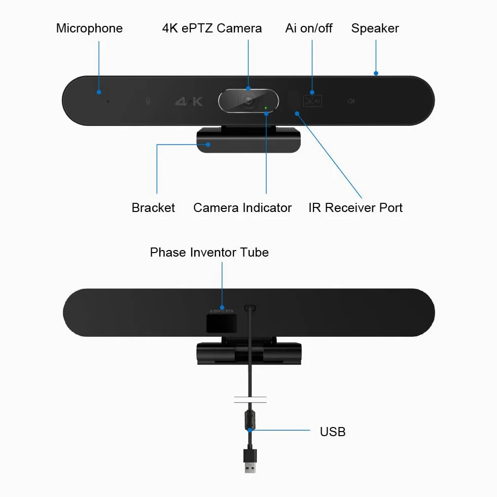 EagleBar Pro2 Caméra de visioconférence 4K ePTZ AI Face Tracking Haut-Parleur Microphone conférence télécommande Compatible Zoom MS Teams OBS