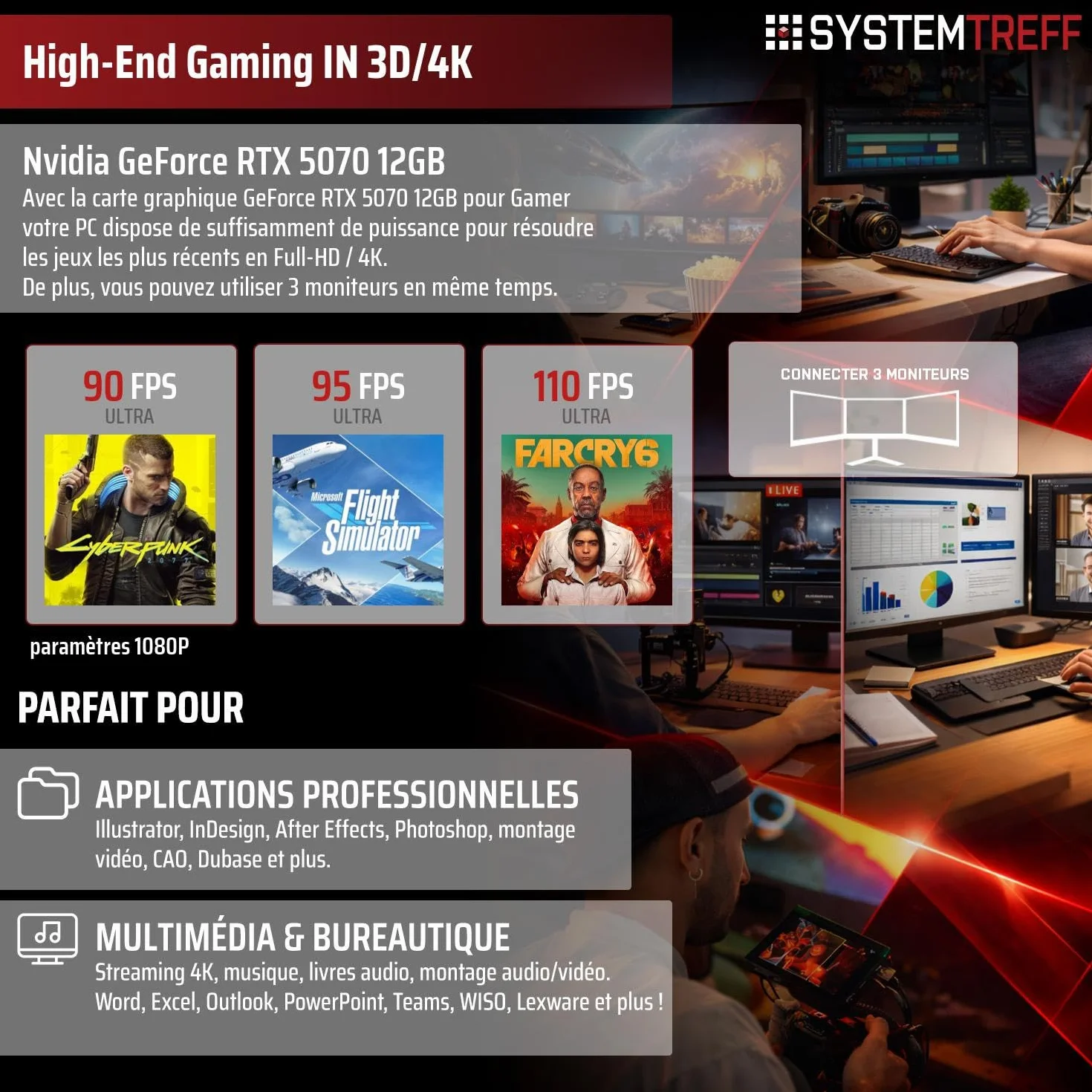 SYSTEMTREFF PC Gamer AMD Ryzen 7 5700X 8x4.6GHz Nvidia RTX 5070 12 Go DX12 1To M.2 NVMe 32Go DDR4 RAM Windows 11 Ordinateur de Bureau