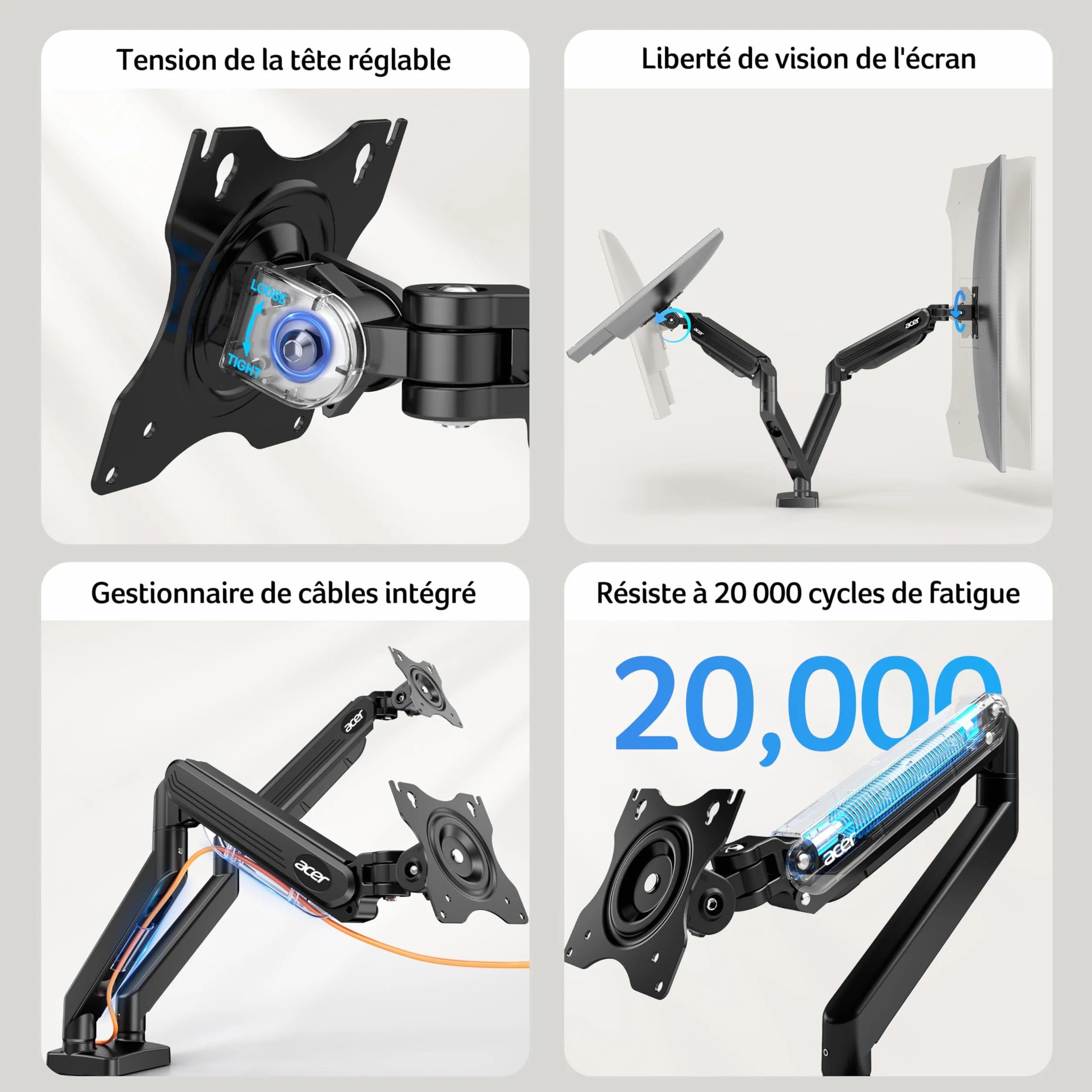 Acer Bras Écran PC Double Ecran 17-32 Pouces VESA 75/100mm Capacité 2-9kg Réglable Hauteur Incline Pivote Tourne Articulé Ressort Gaz