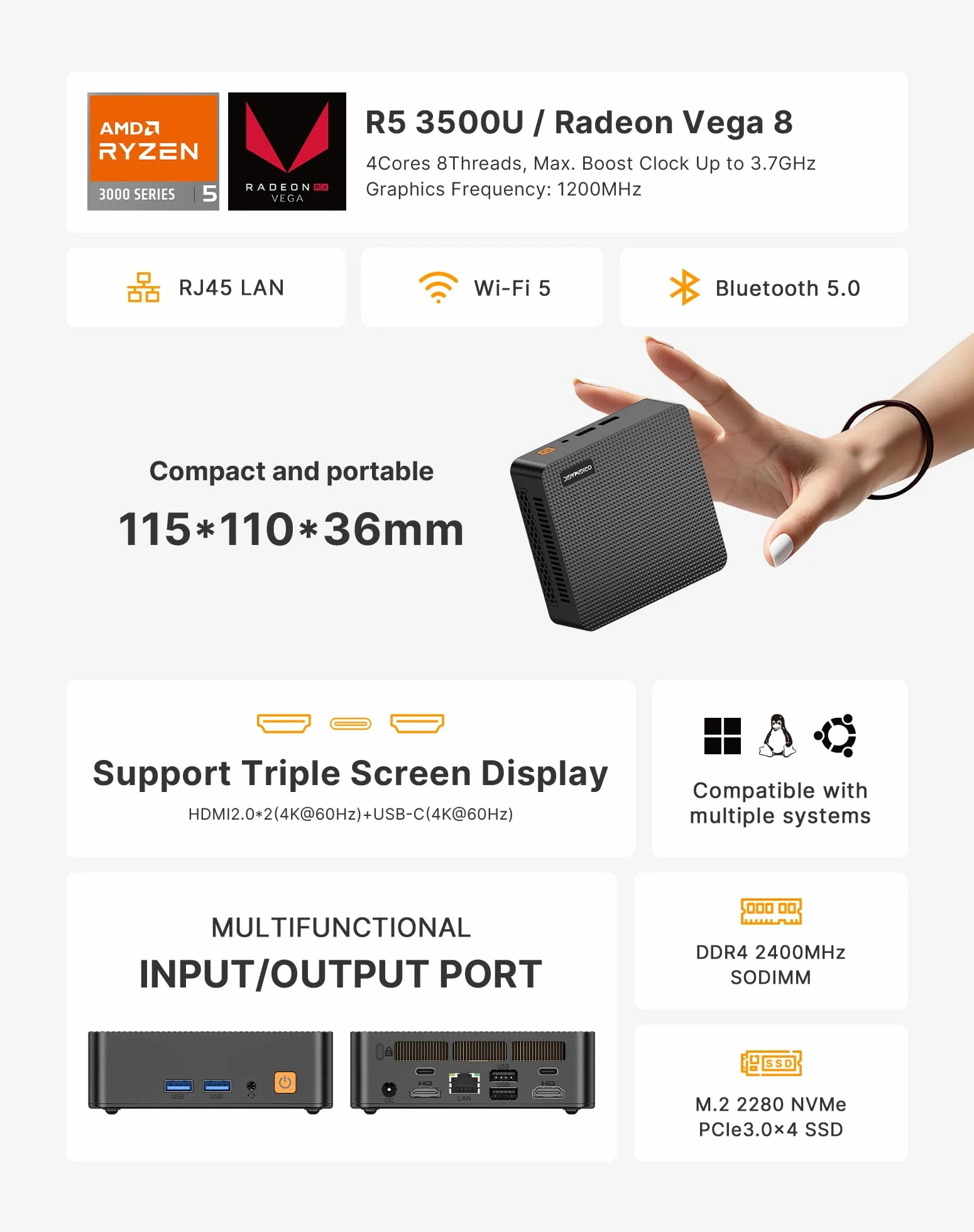 Mini PC C5 Ryzen 5 3500U 8GB RAM DDR4 256GB SSD Ordinateur de Bureau Compact Triple écran 4K 60Hz