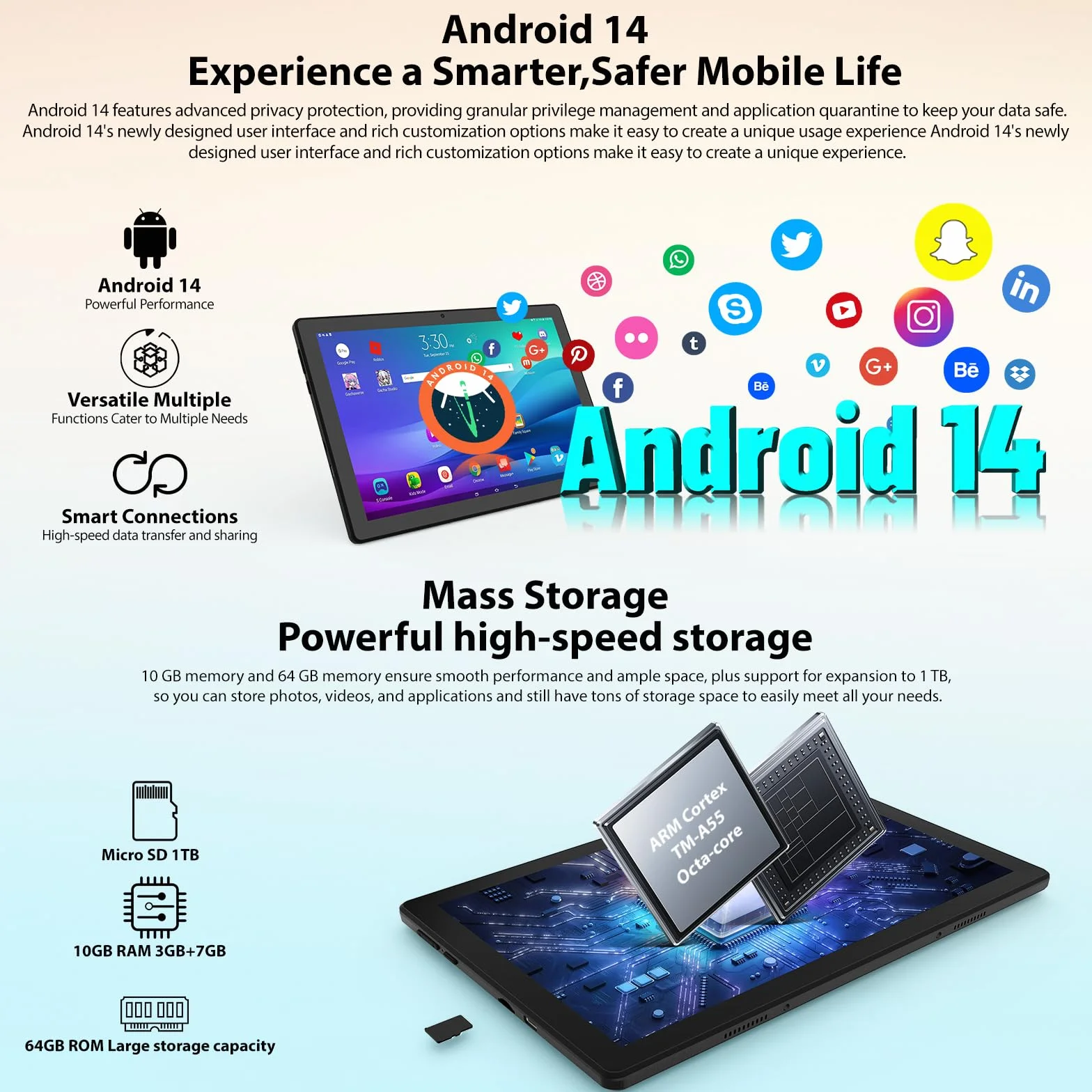 Tablette 10 Pouces Android 15 Octa-Core 24Go 64Go 1To TF WiFi 6 BT 5.3 Batterie 5000 mAh Noir
