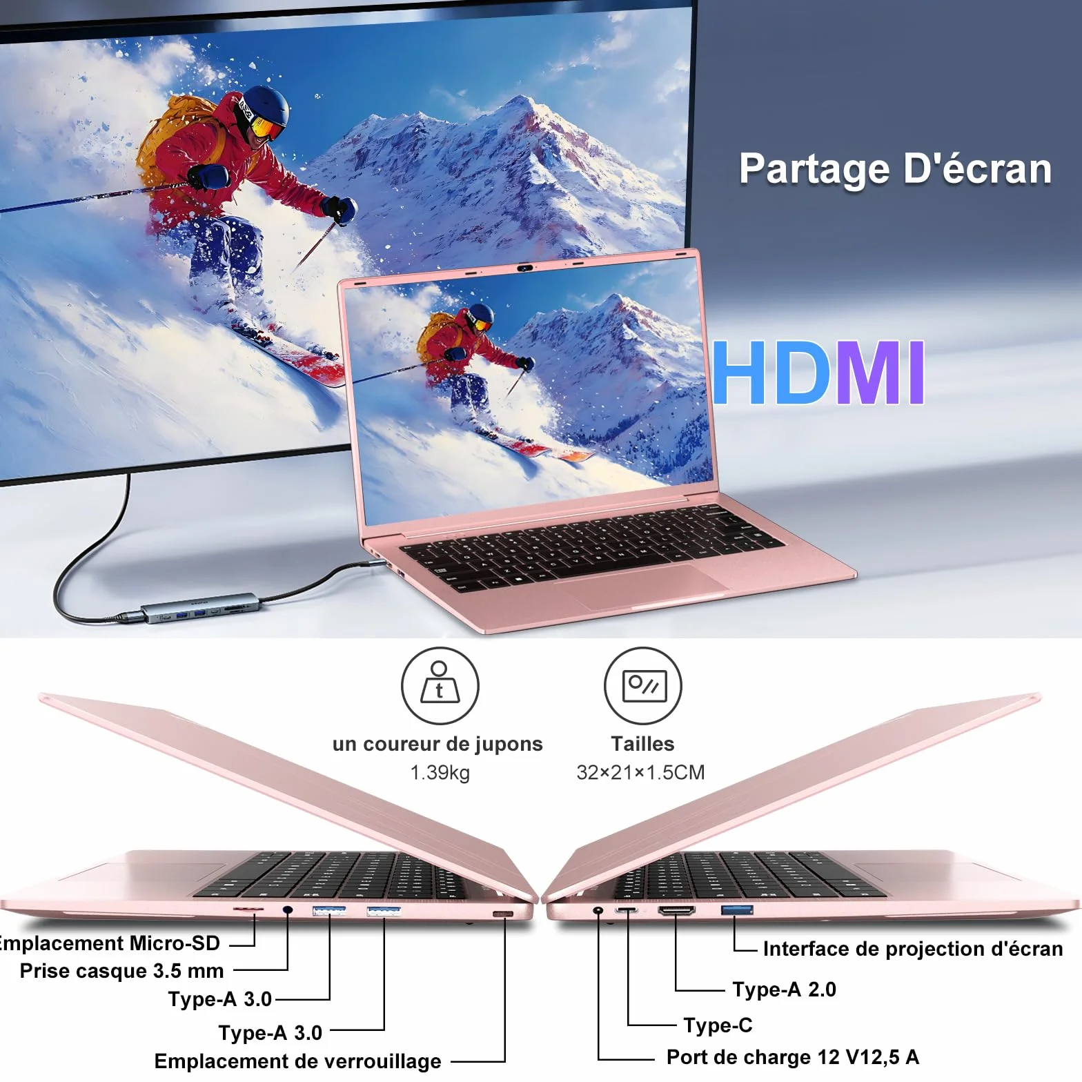 Ordinateur Portable 14 Pouces Celeron N5095 Win11 Pro 8Go RAM 256Go SSD 5G WiFi 1920x1080 FHD PC Portable Doré Métal