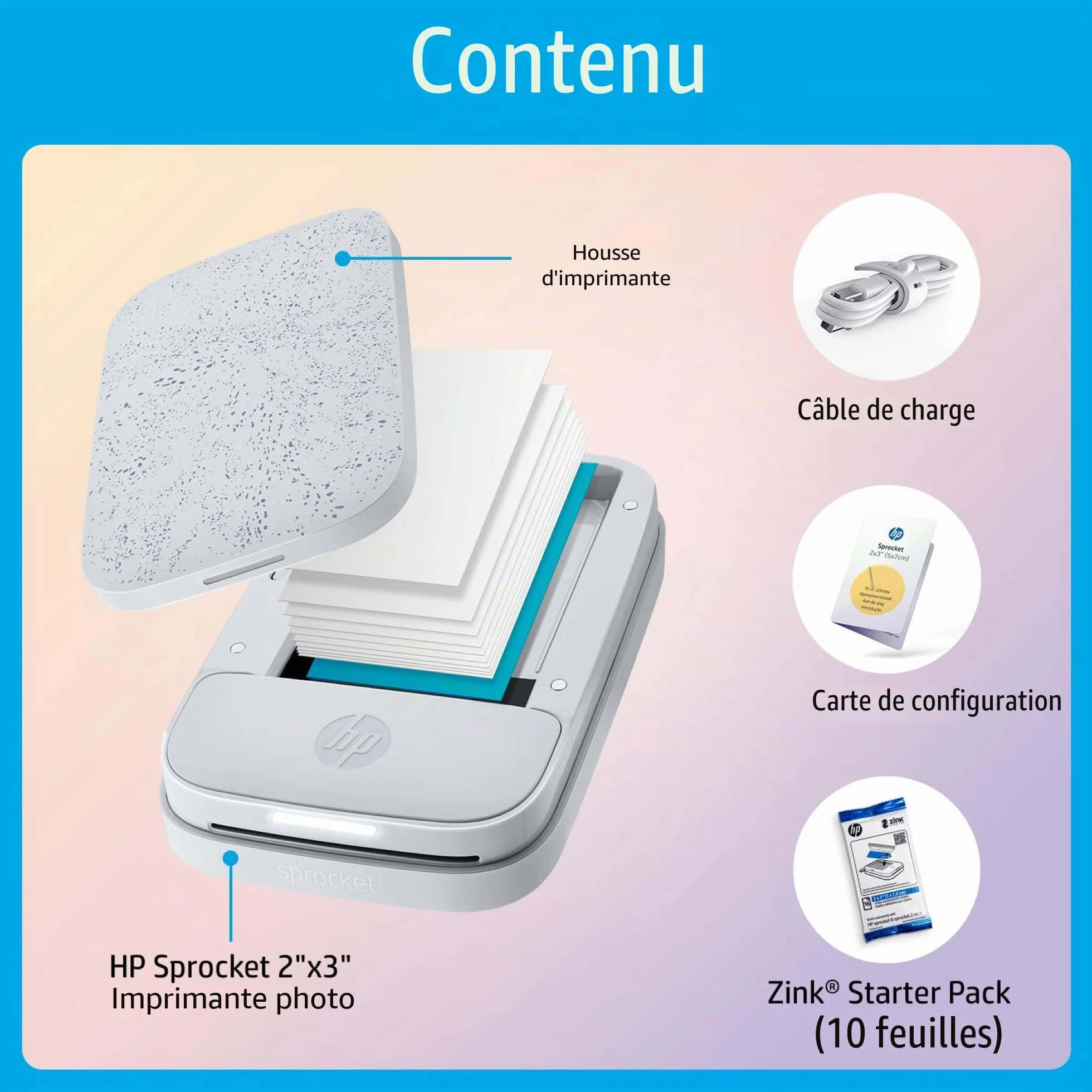 HP Sprocket Imprimante Photo Instantanée Portable sans Fil Papier Zink Autocollant 2x3 po (5,1x7,5 cm) Compatible iOS Android Bluetooth Blanc