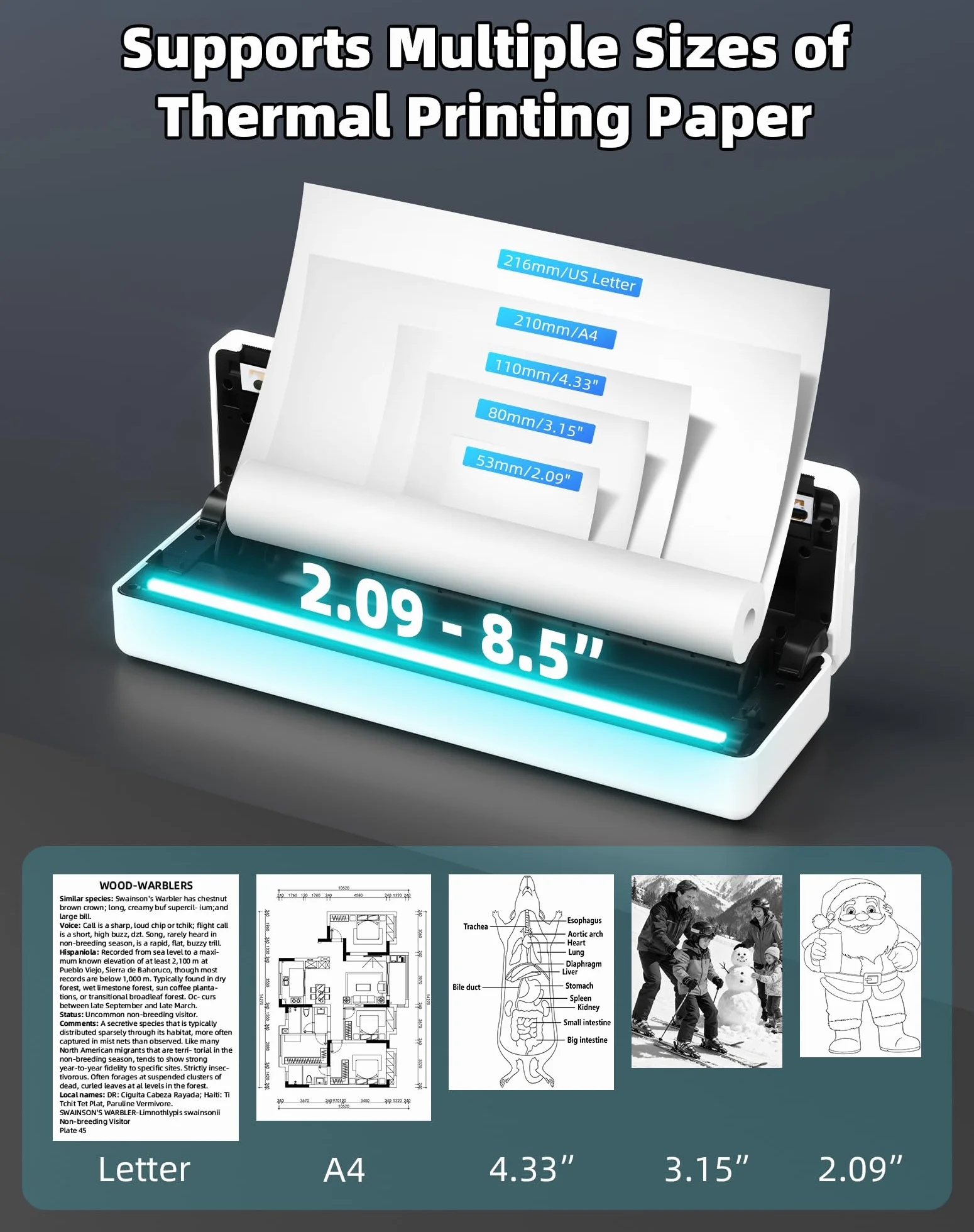 Imprimante Thermique Portable A4 sans Encre Bluetooth 216mm Compatible iOS Android Mac Windows Blanc